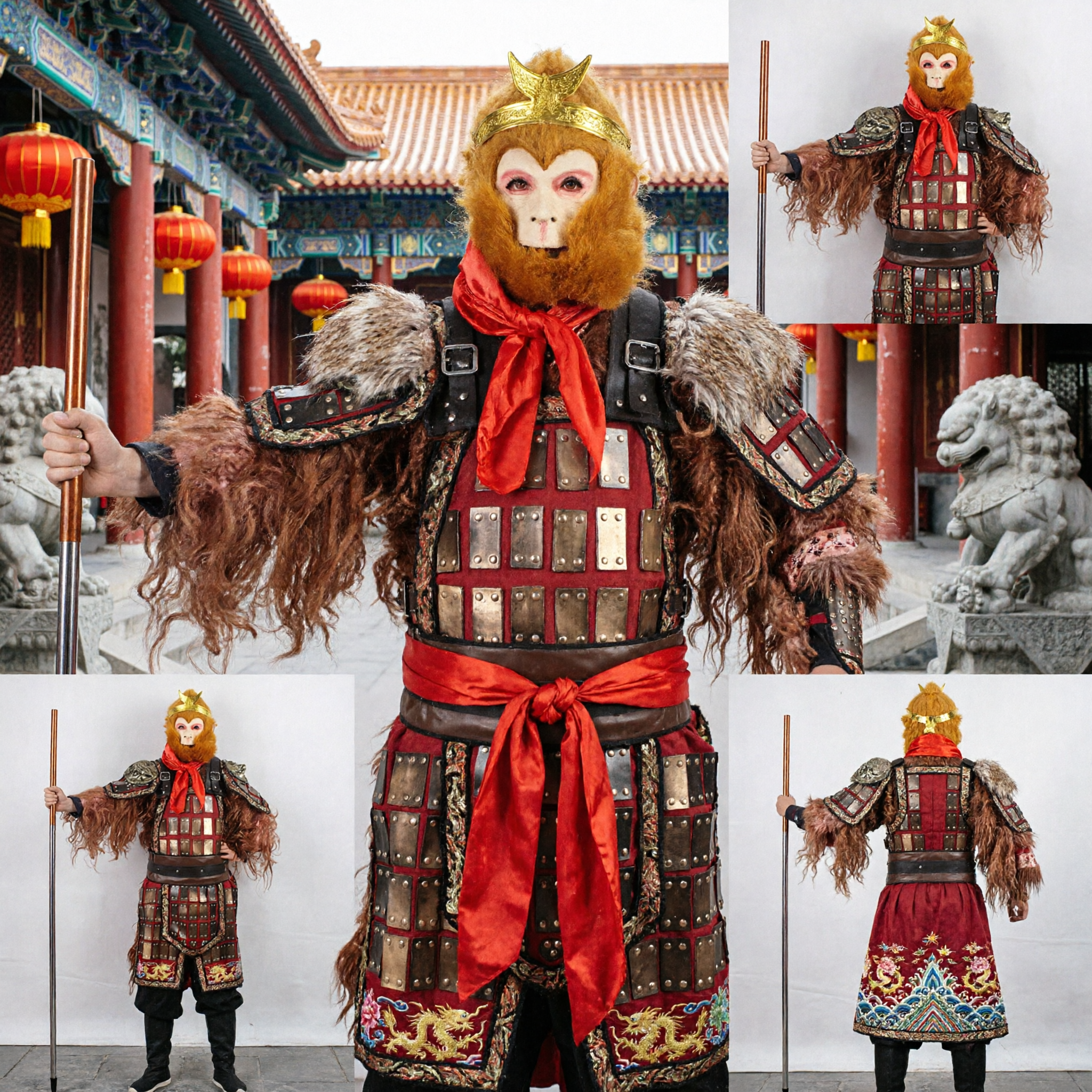 Complete Monkey King Sun Wukong Costume Set with Armor Mask and Staff for Halloween Cosplay Performance