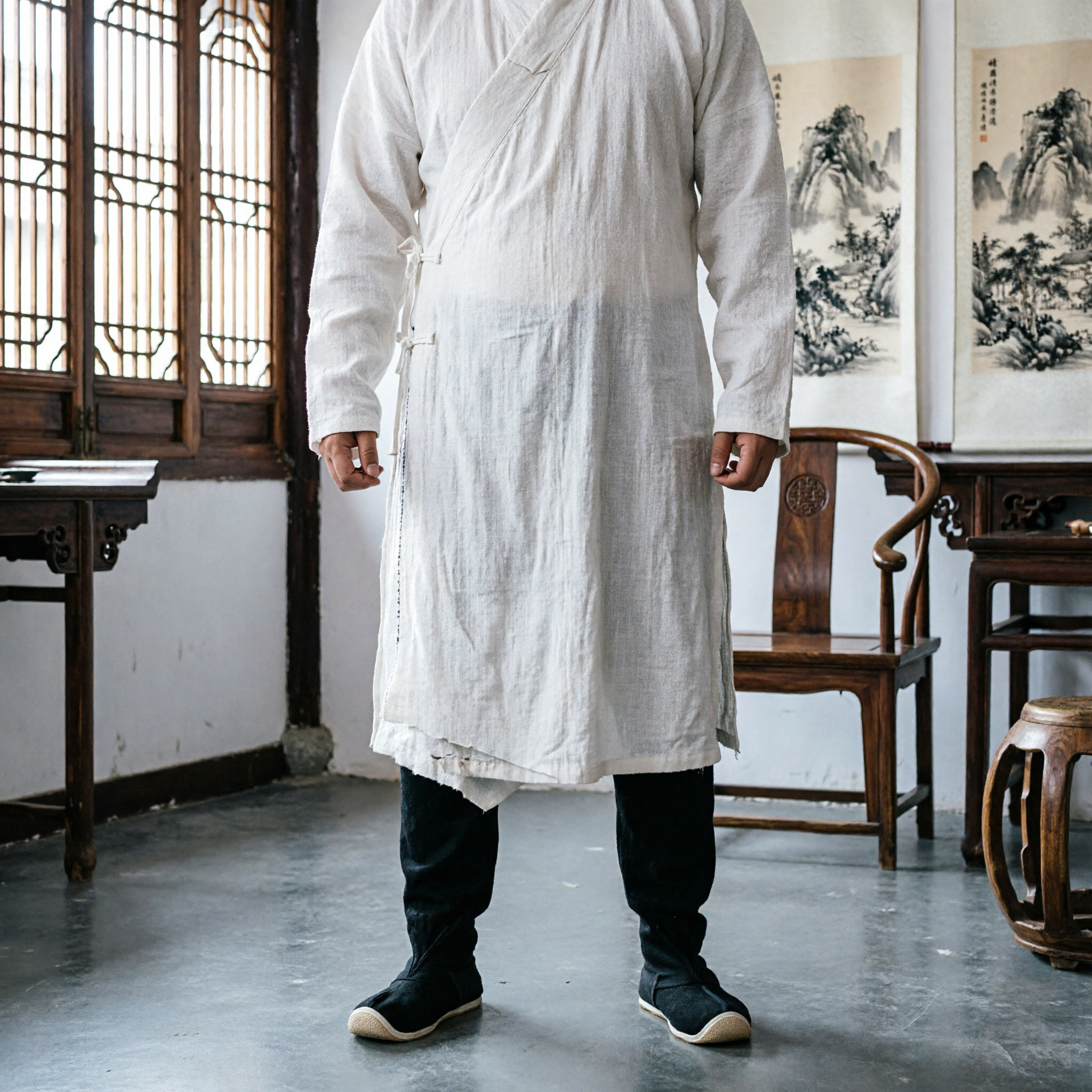 Traditional Chinese Kung Fu Pants Set with Black Leg Wraps and Cloth Shoes for Martial Arts Performance