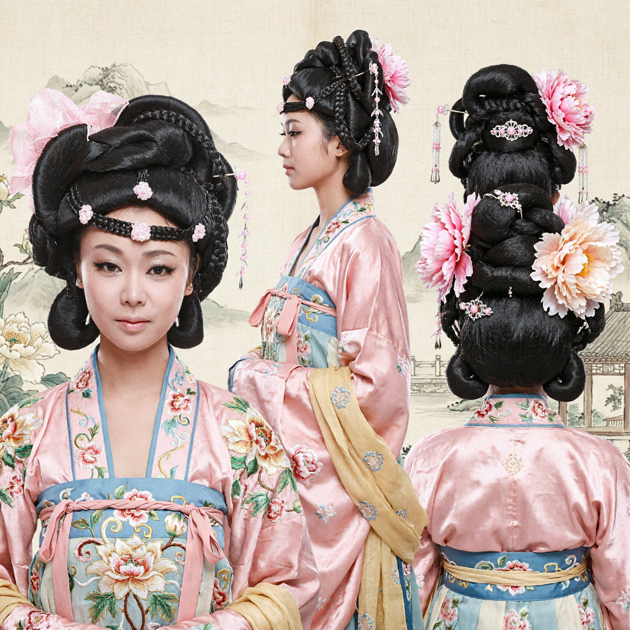 Elegant Black Ancient Chinese Tang Dynasty Wig Traditional Palace Lady Hairpiece with Flowers for Hanfu Cosplay