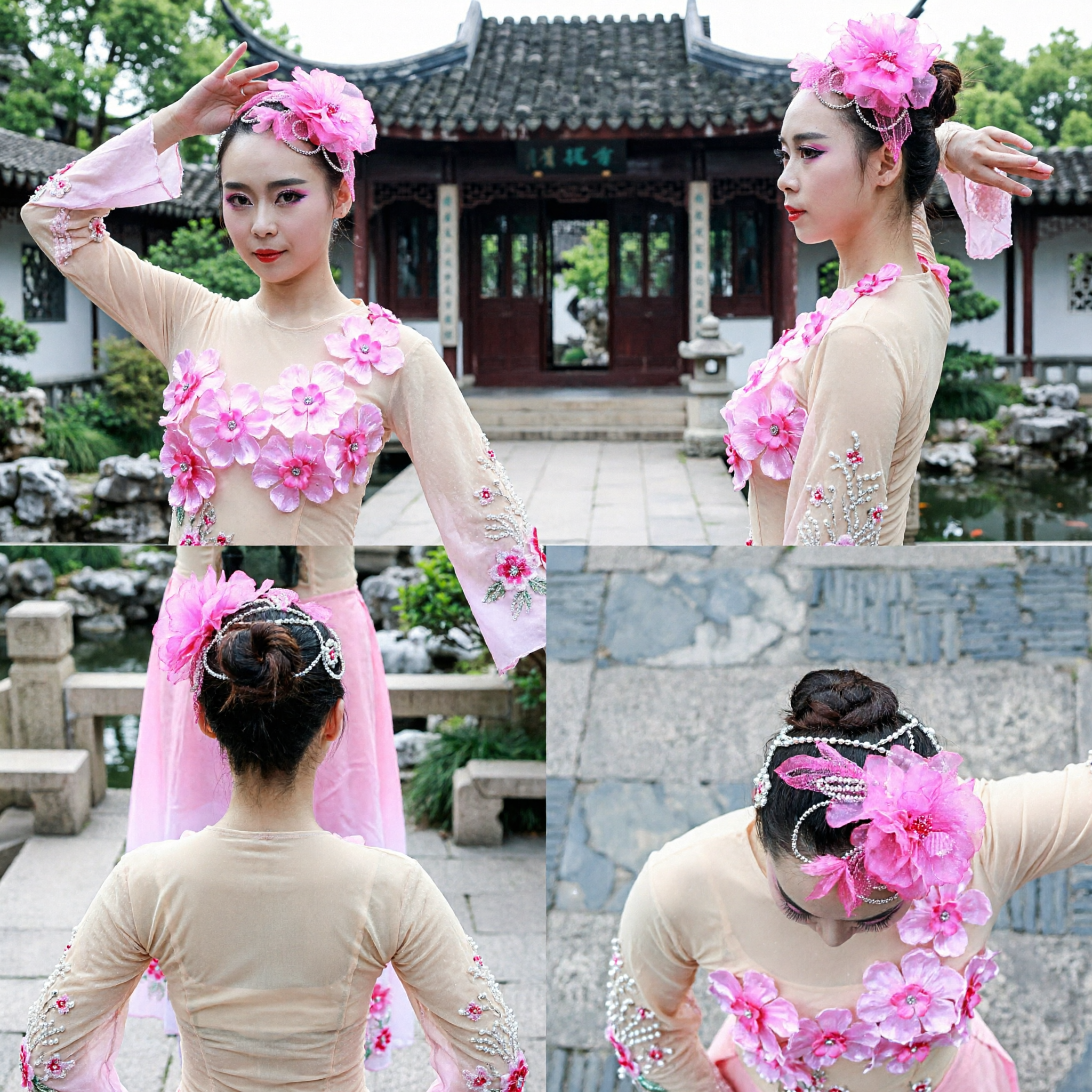 Professional Chinese Classical Dance Headpiece Pink Flower Pearl Hair Accessory Stage Performance Ornament for Women