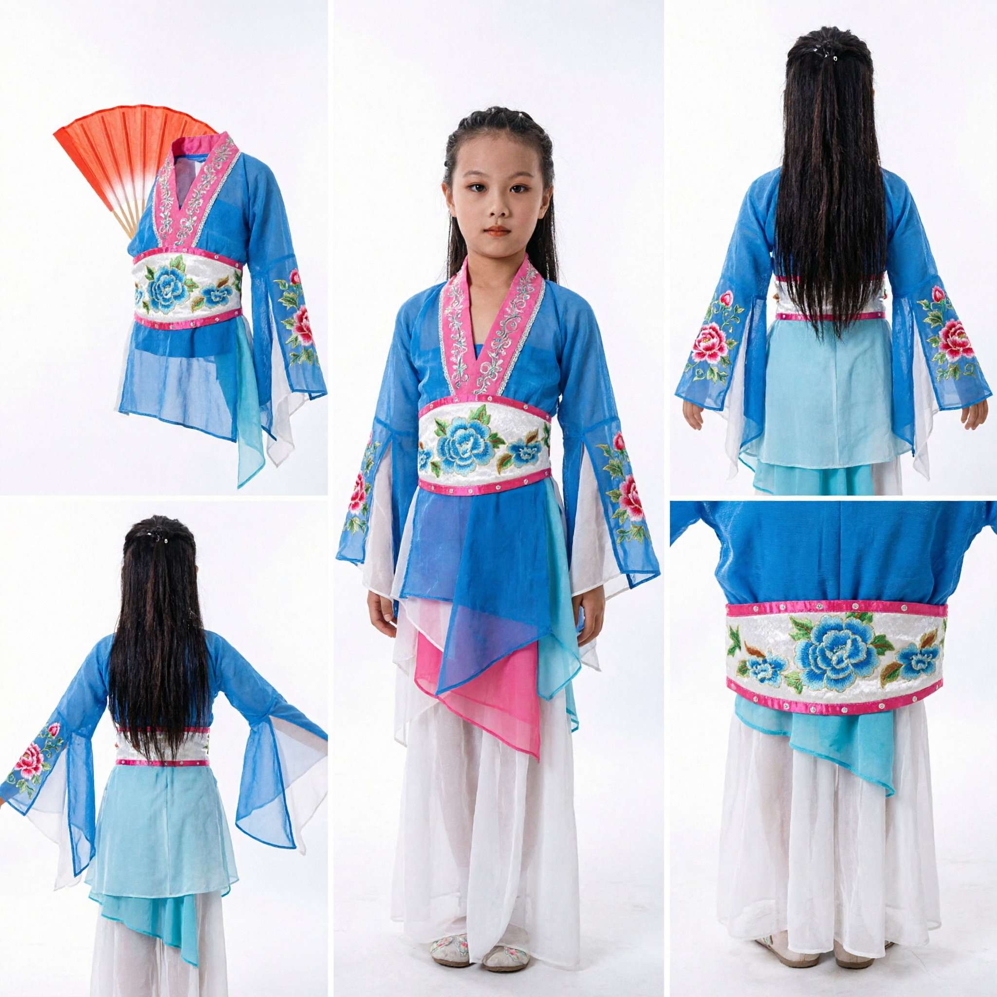 Blue Chinese Folk Dance Costume for Kids Girls Traditional Yangge Fan Dance Performance Outfit with Floral Embroidery