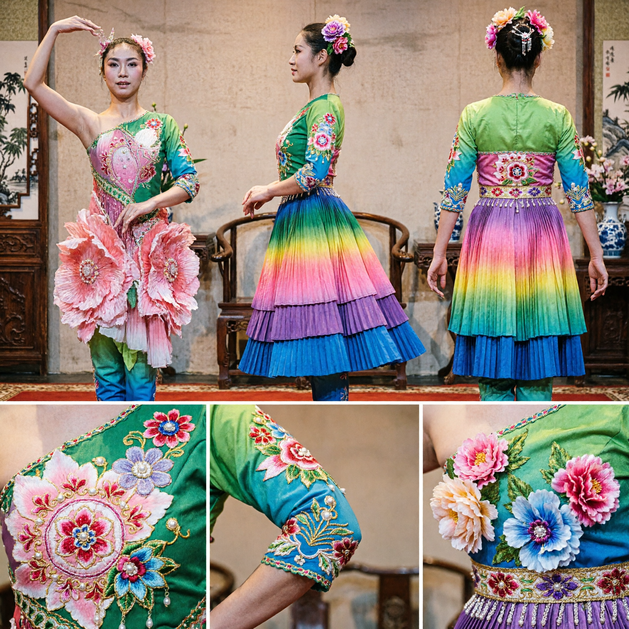 Traditional Chinese Folk Dance Costume Pink Peony Flower Dress Green Sleeves Stage Performance Attire for Women
