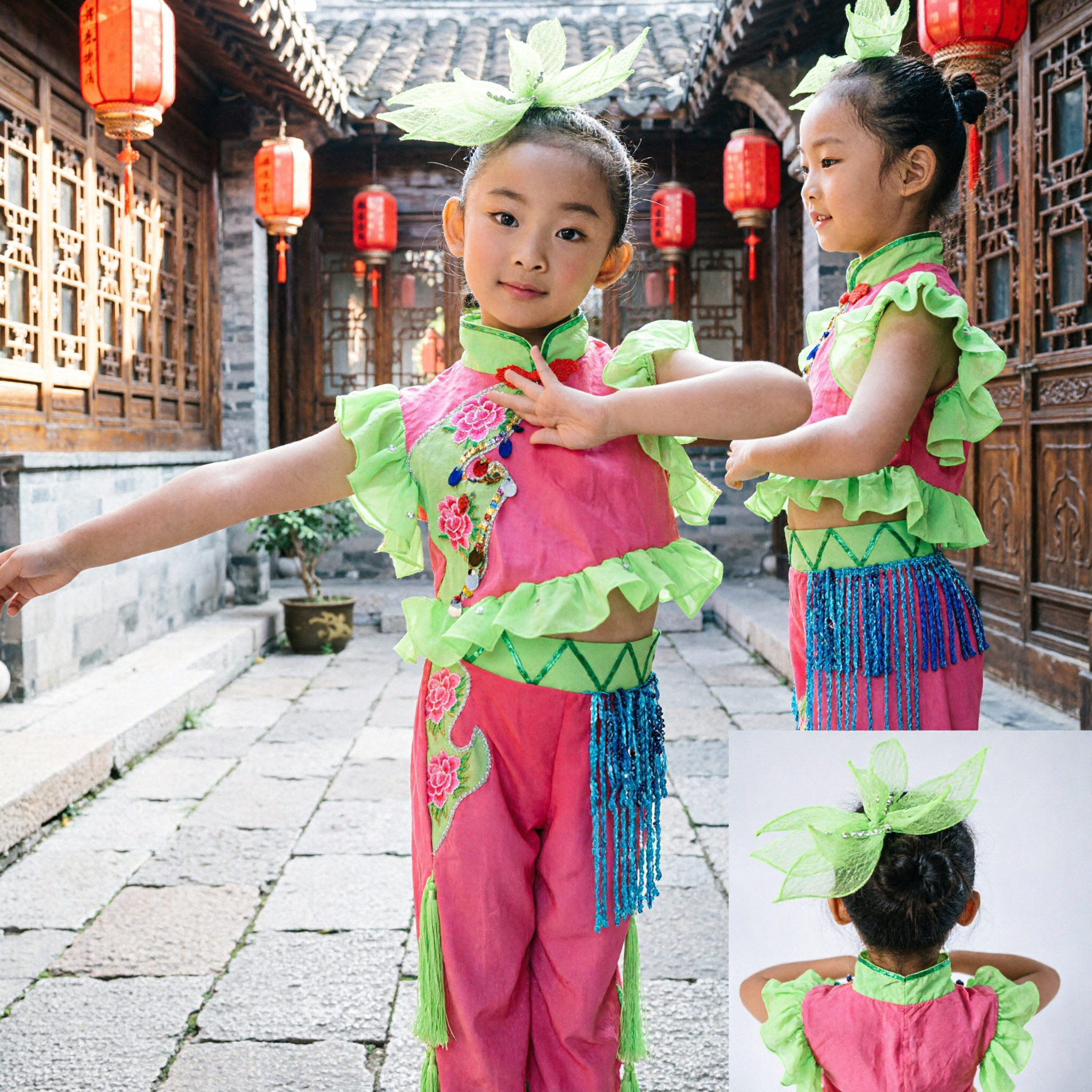 Traditional Chinese Yangge Dance Costume for Kids Girls Pink Green Stage Performance Outfit with Headpiece