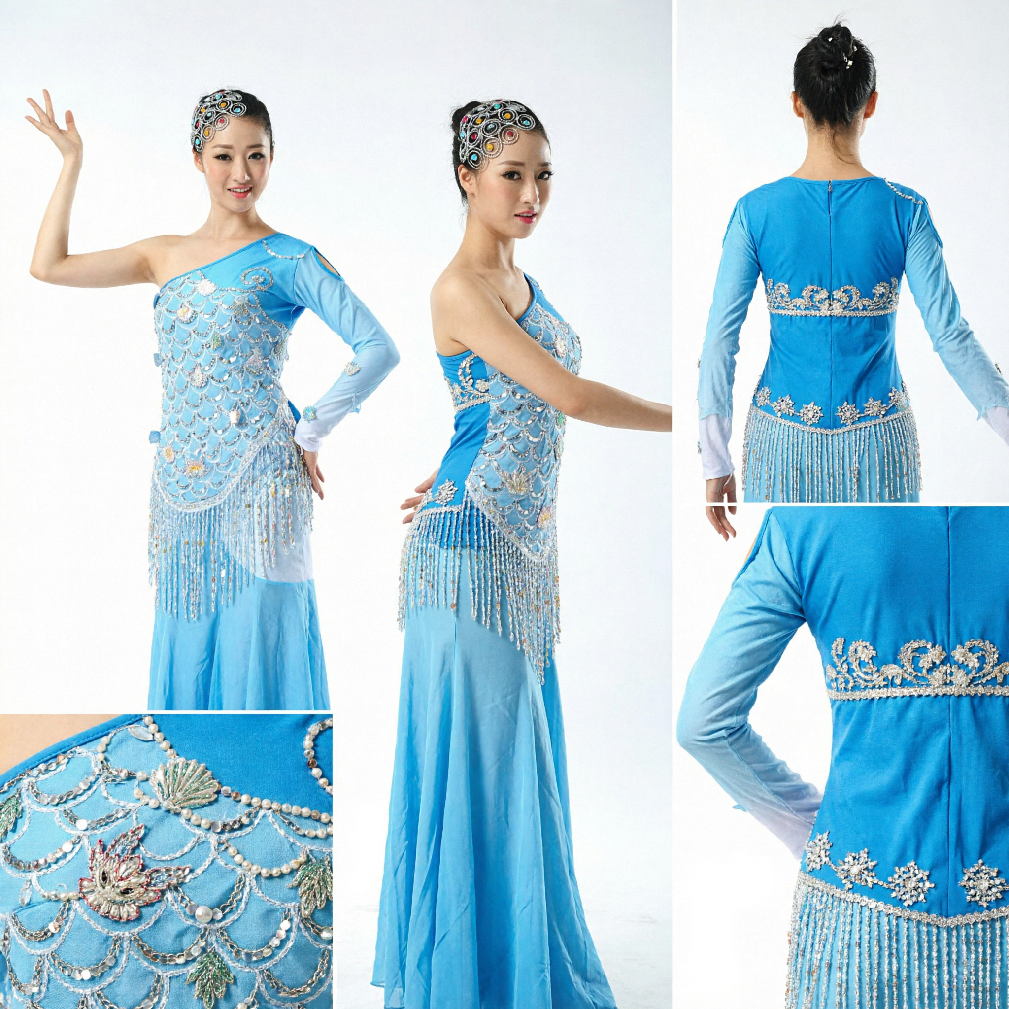 Elegant Women's Blue Chinese Folk Dance Costume with Sequins and Fringe for Stage Performance