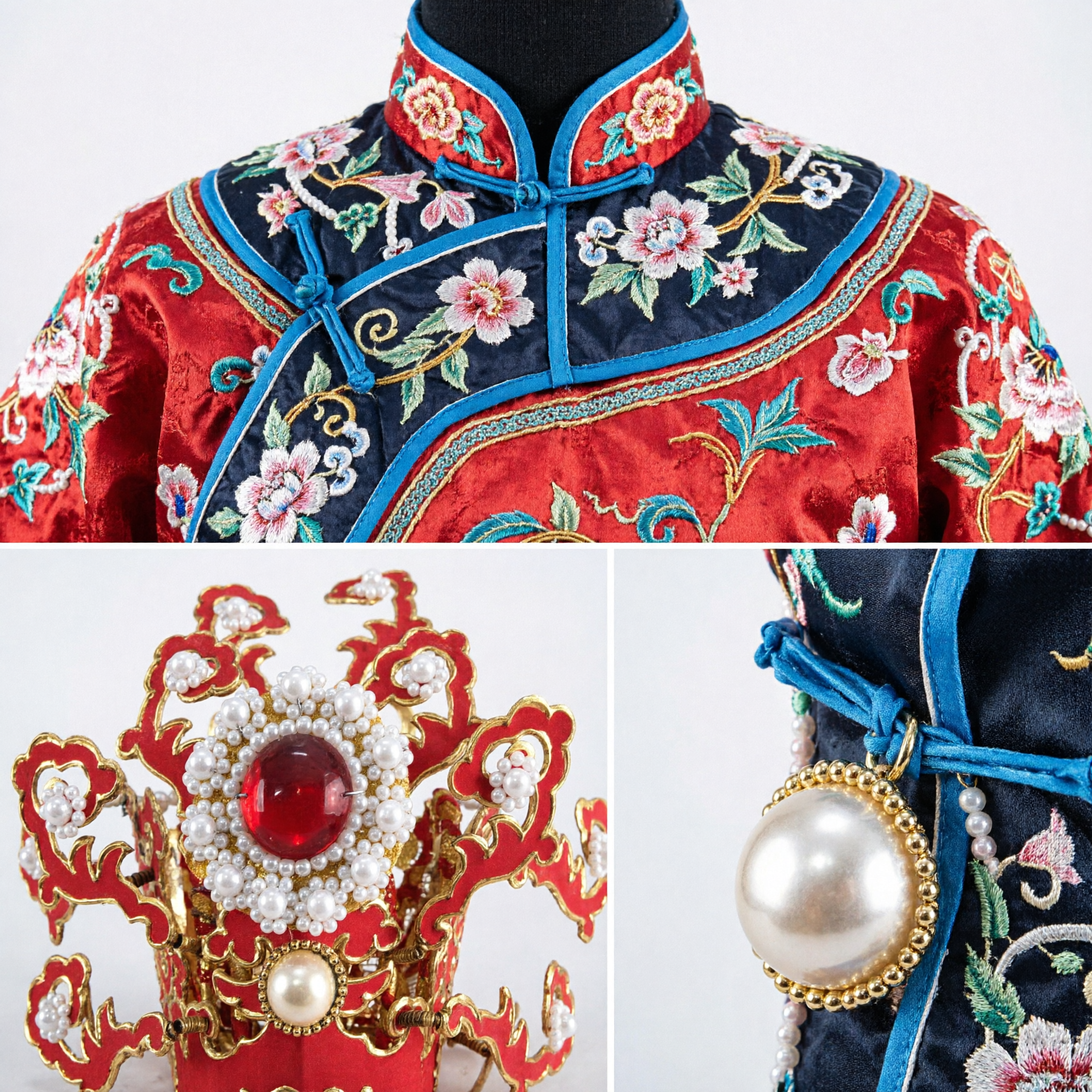 Traditional Chinese Red Imperial Crown Gold Pearl Headdress Ancient Empress Wedding Headpiece for Hanfu and Stage Performance