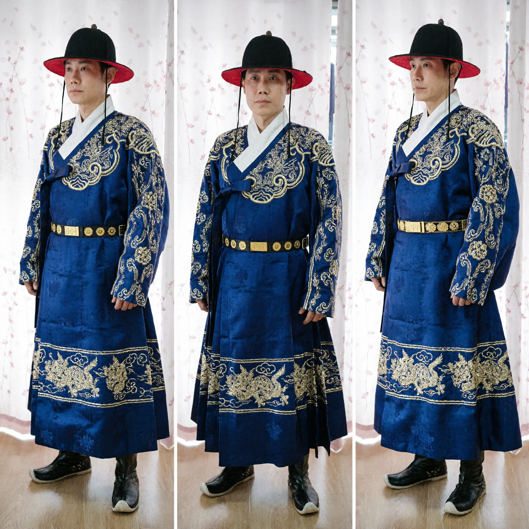 Traditional Korean Hanbok Men's Blue Gwanbok Official Robe with Gold Embroidery Joseon Dynasty Historical Costume