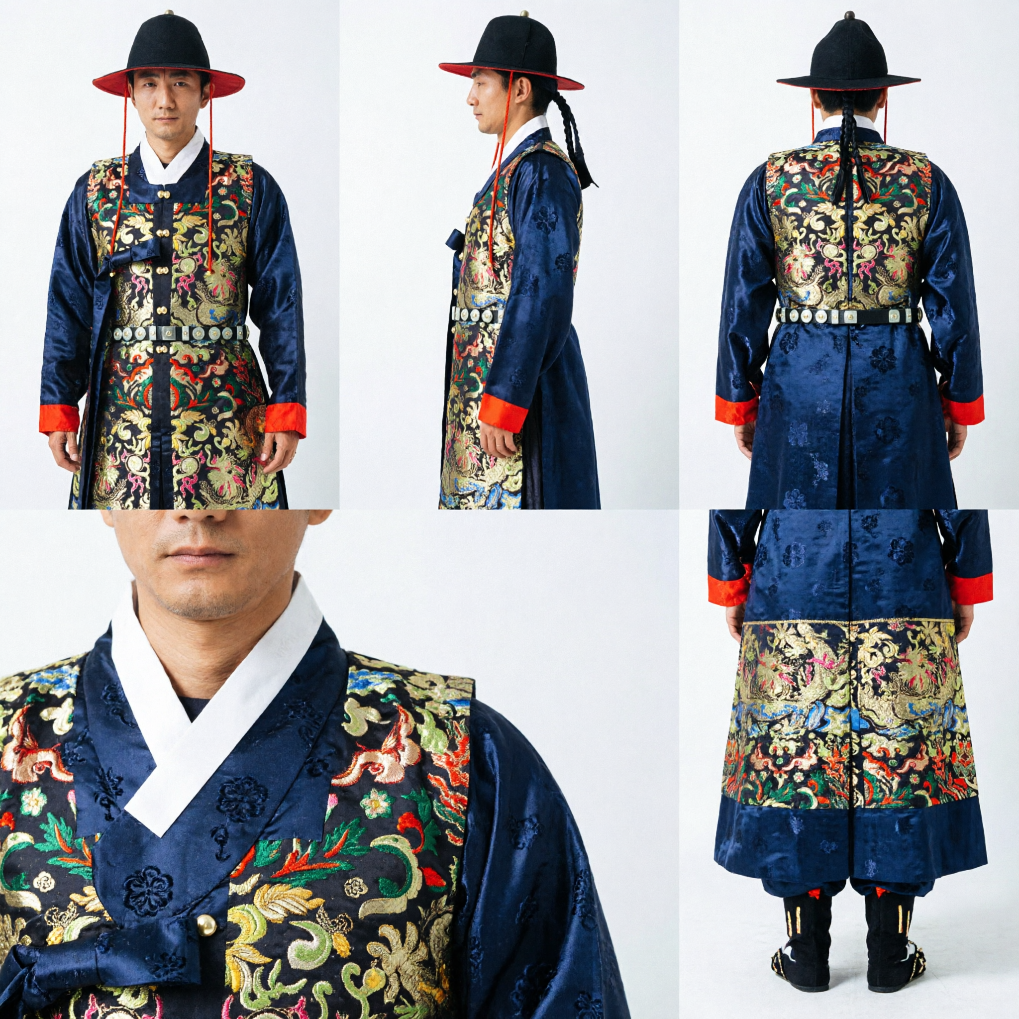 Men's Traditional Korean Royal Guard Hanbok Costume Joseon Official Outfit with Embroidery for Stage Performance