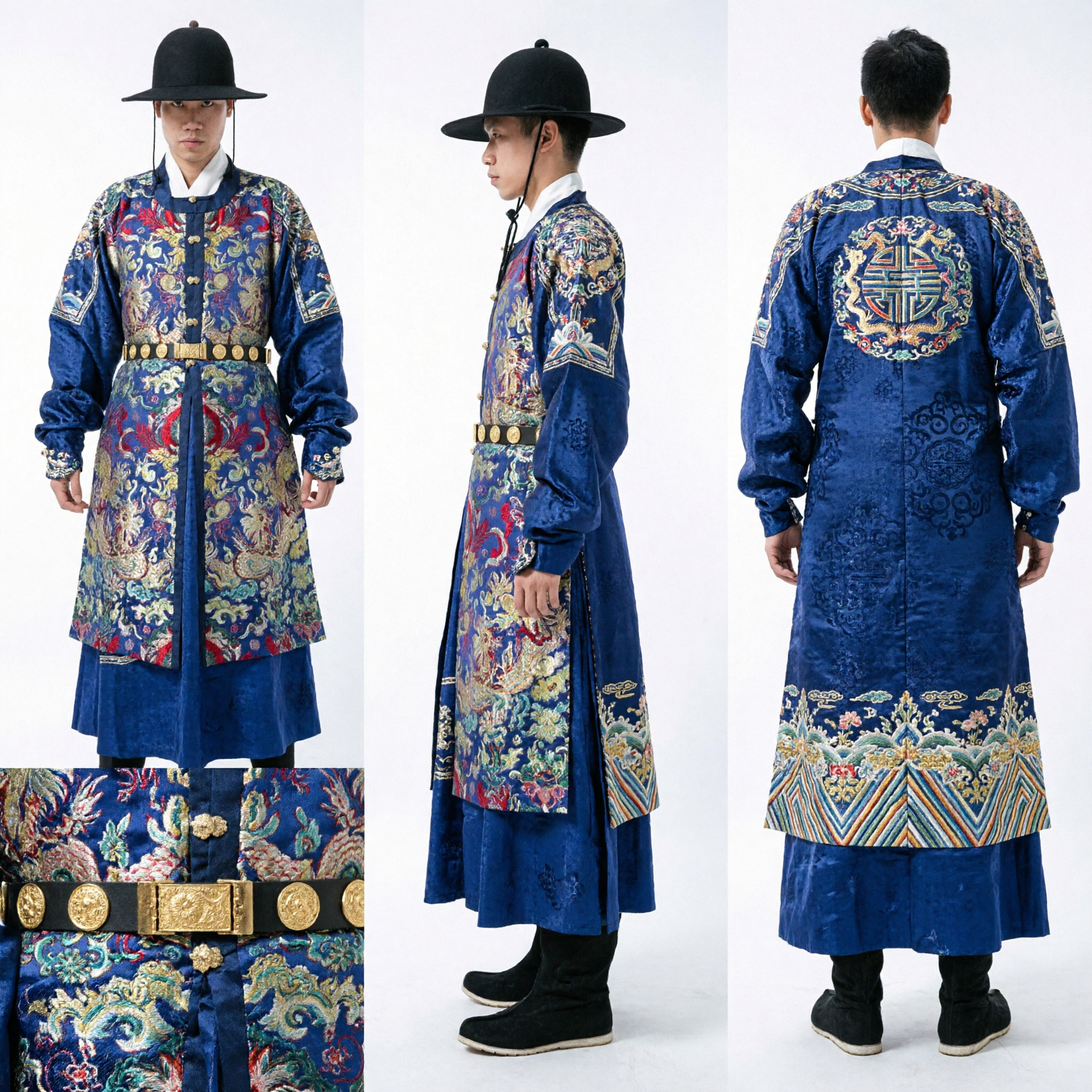 Men's Korean Traditional Royal Guard Hanbok Costume Blue Embroidered Joseon Dynasty Palace Uniform for Cosplay