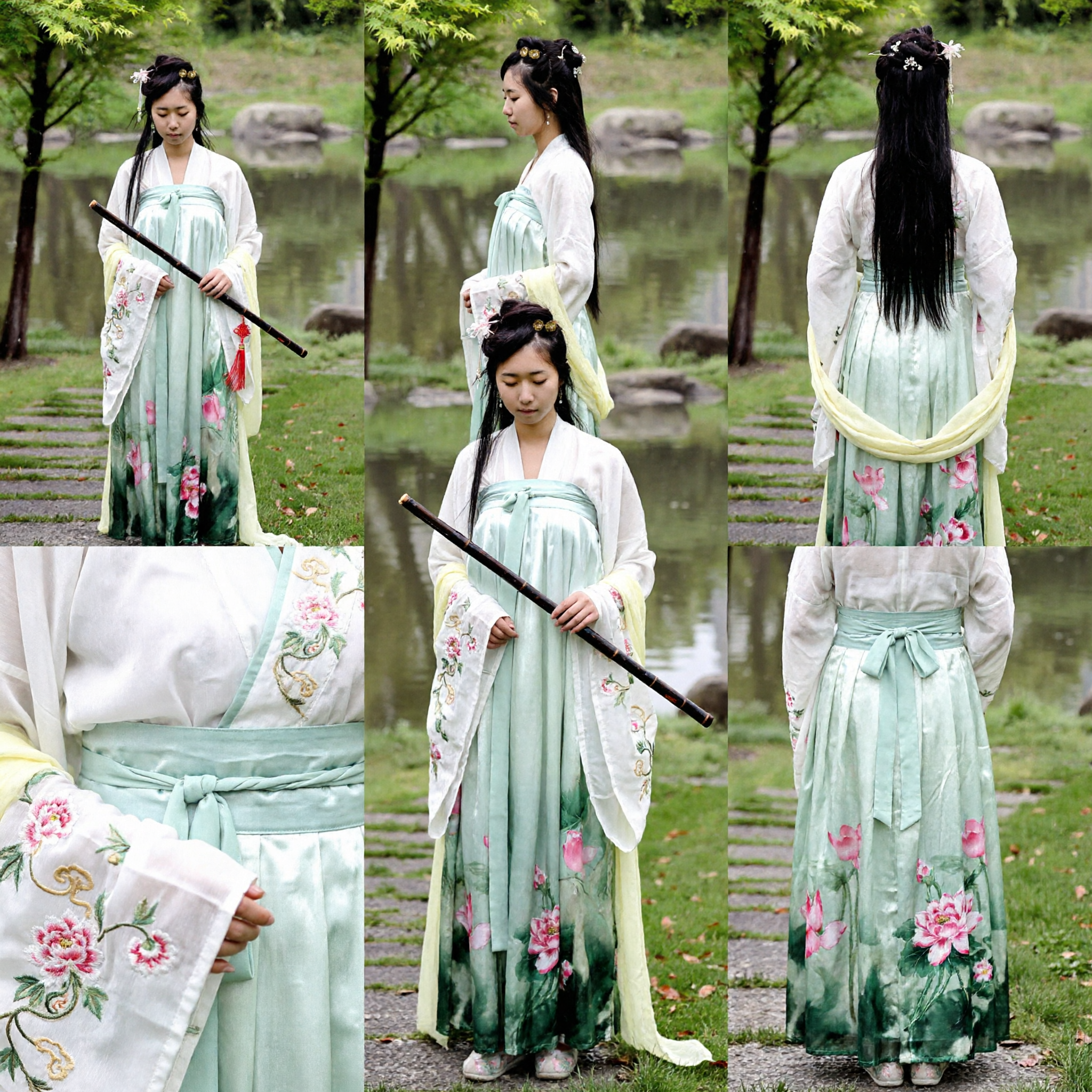 Elegant Traditional Chinese Hanfu Costume Women Ancient Green Lotus Print Dress for Cosplay and Stage Performance