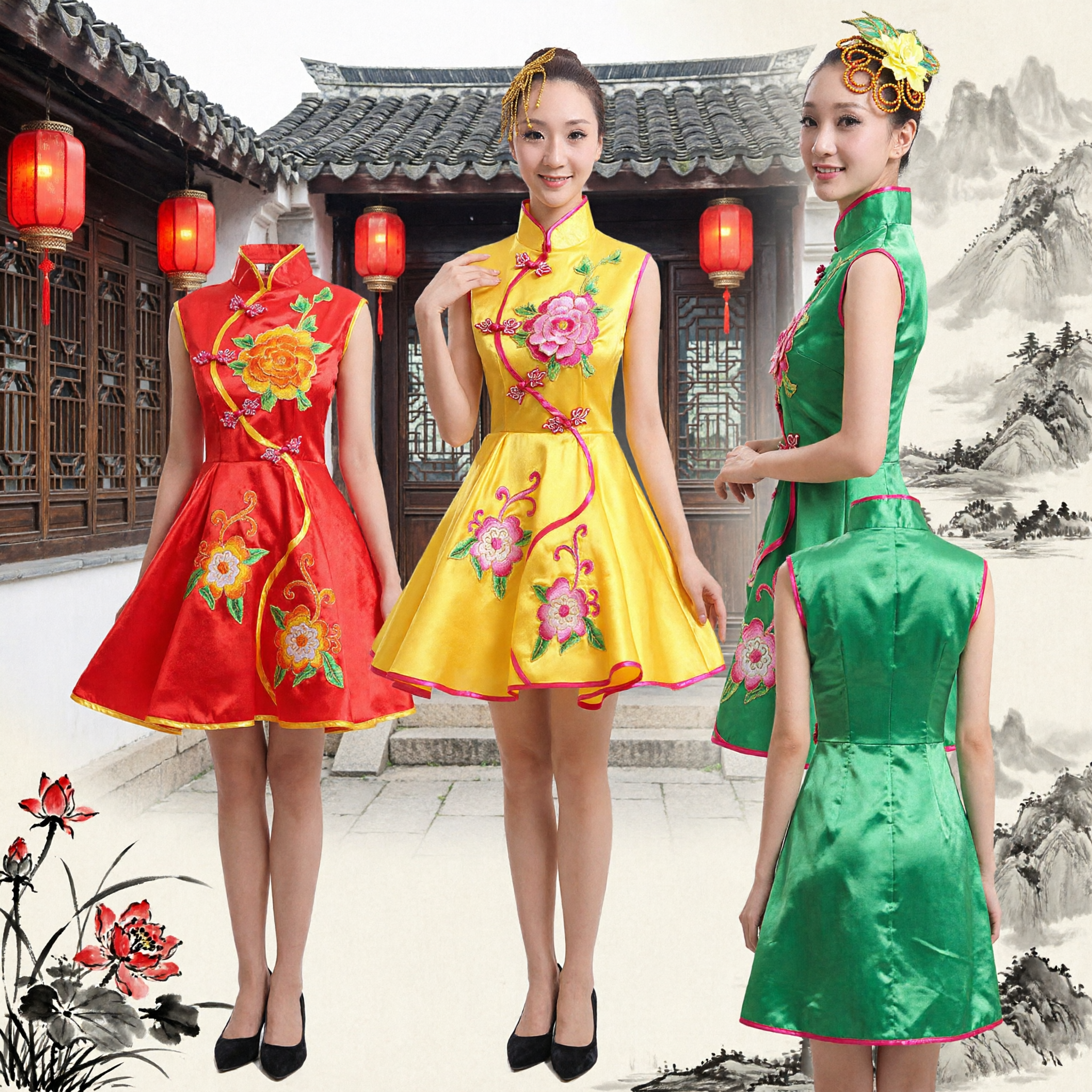 Women's Traditional Chinese Short Cheongsam Qipao Dress Floral Embroidered Fan Dance Performance Stage Costume