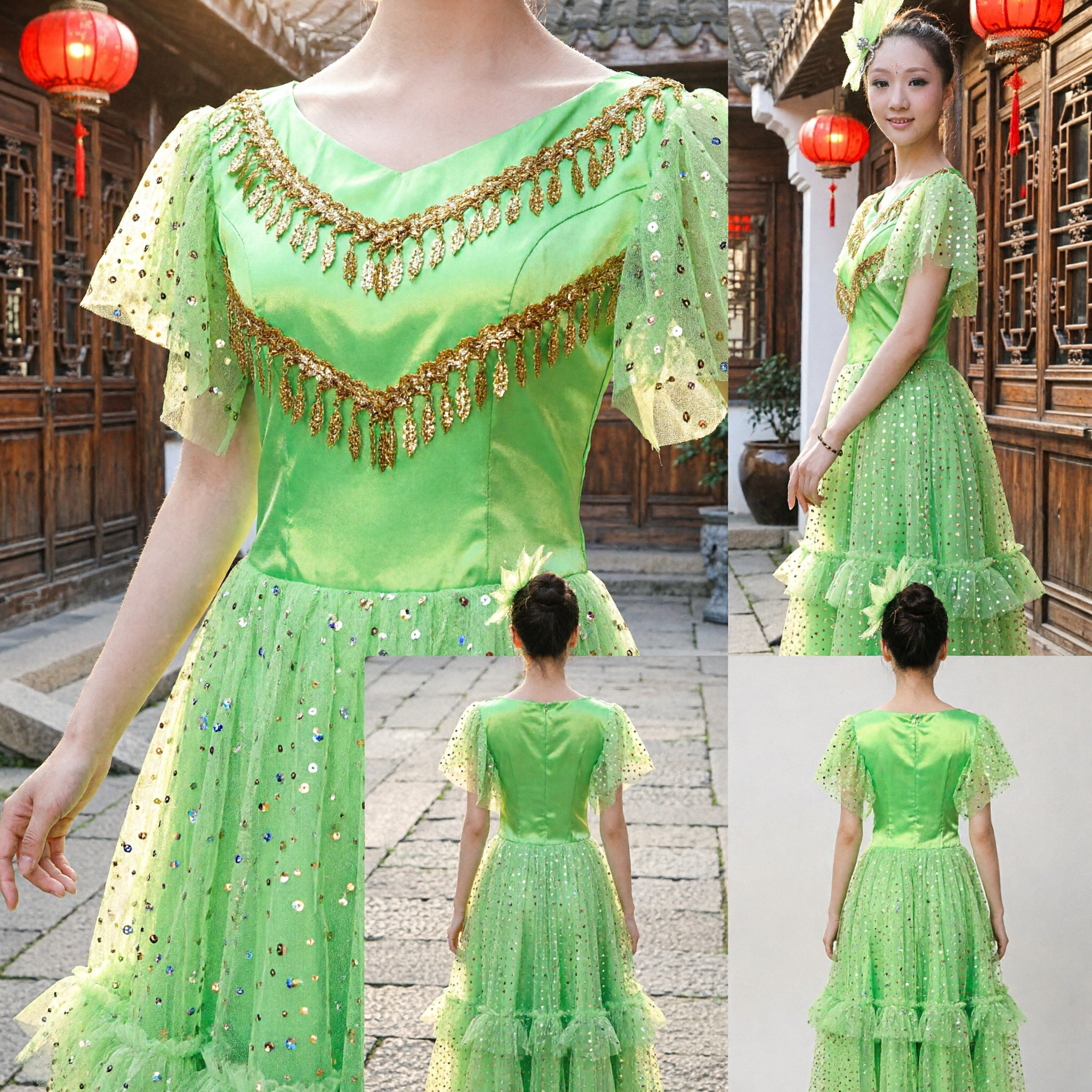 Vibrant Green Traditional Chinese Folk Dance Costume for Women Stage Performance Yangge Dress with Gold Trim