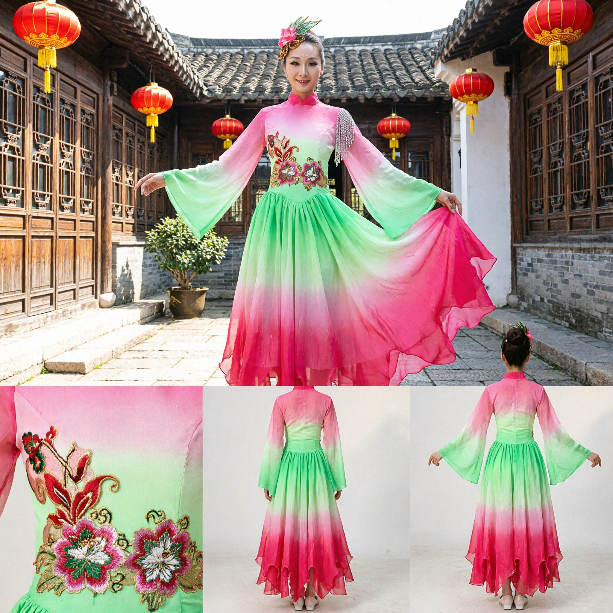 Women's Traditional Chinese Yangge Dance Costume Gradient Pink Green Folk Dress Stage Performance Outfit with Floral Embroidery