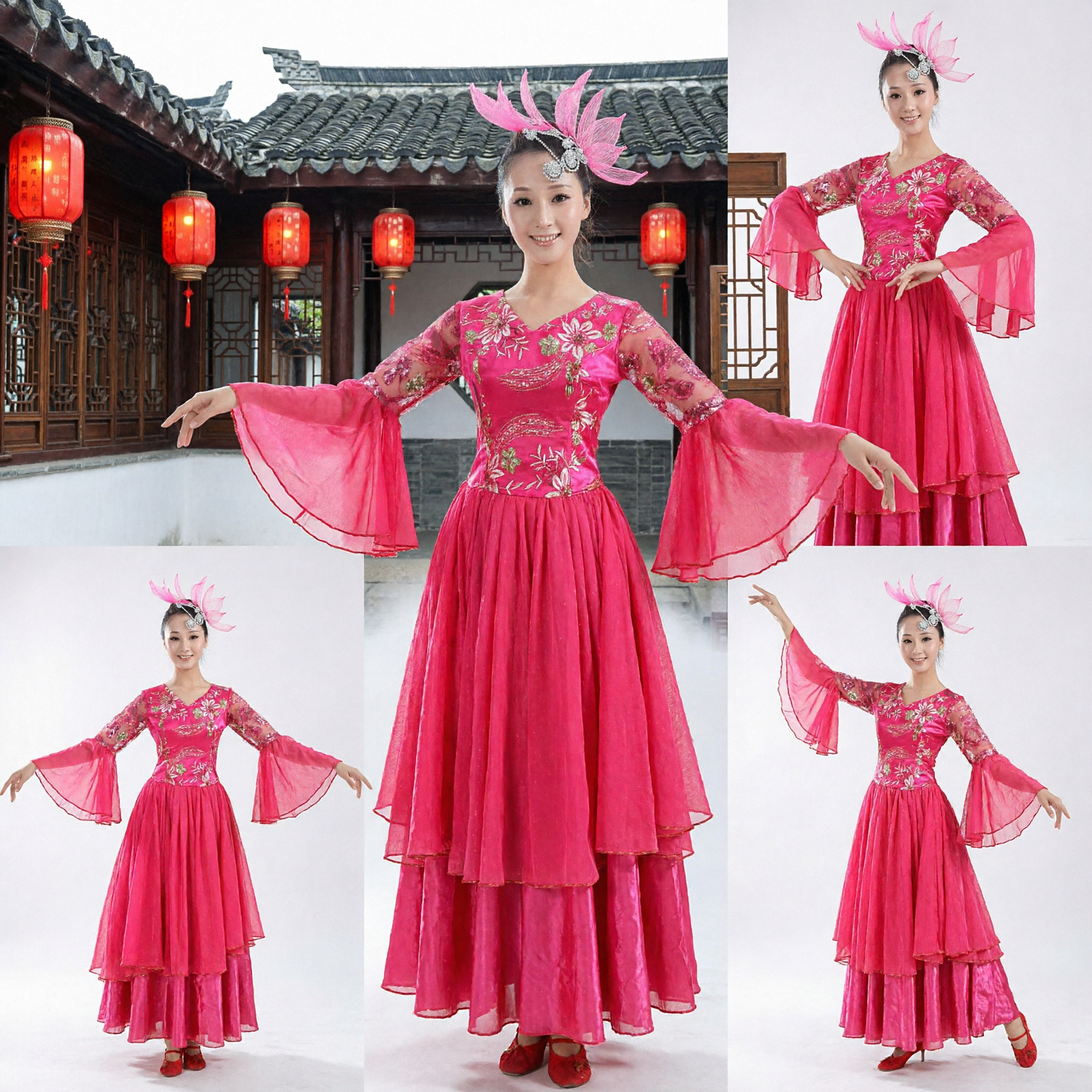 Women's Traditional Chinese Yangge Dance Costume Pink Floral Embroidery Stage Performance Dress with Flowing Sleeves
