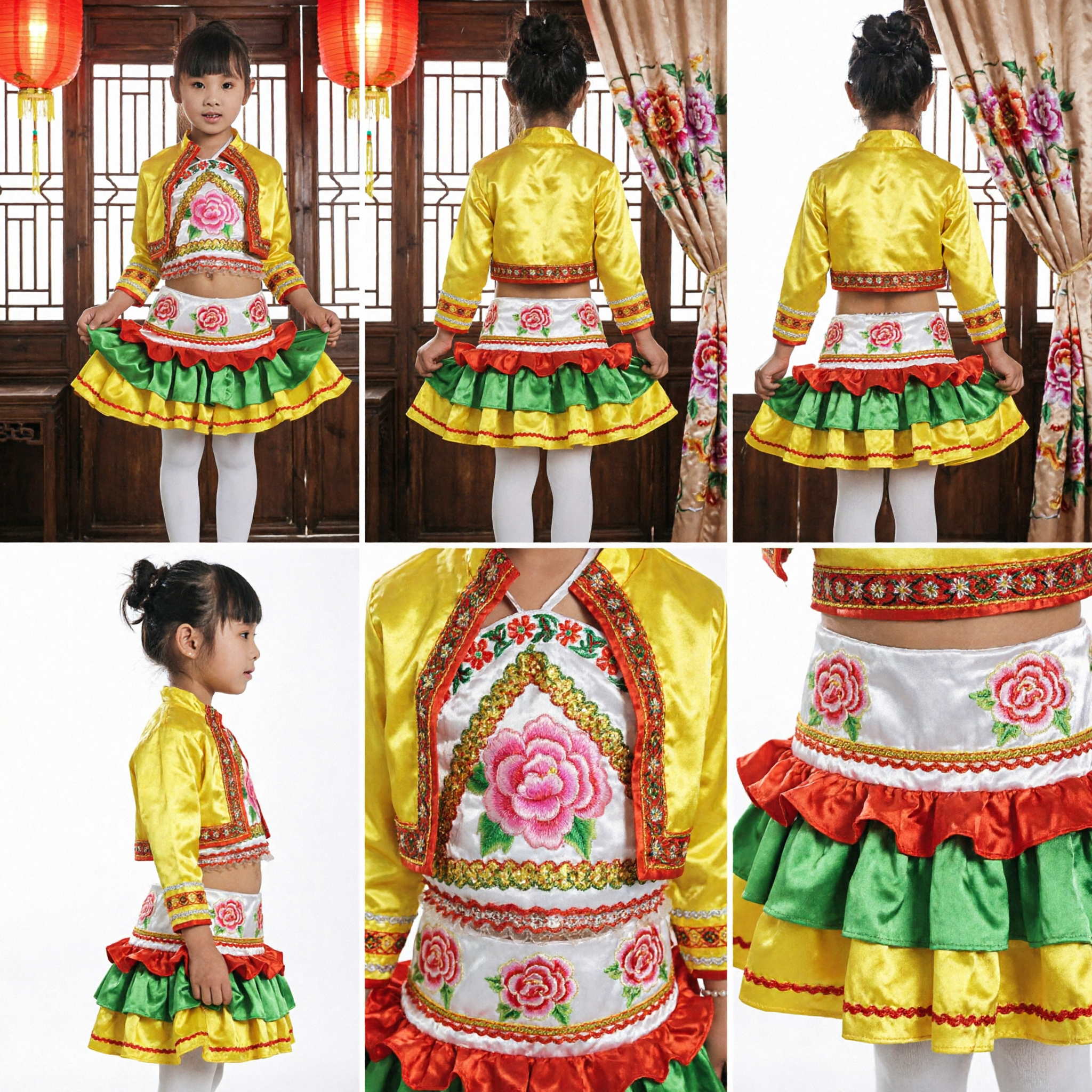 Traditional Chinese Folk Dance Costume for Girls Yellow Floral Embroidered Top Ruffled Skirt Set Kids Stage Performance