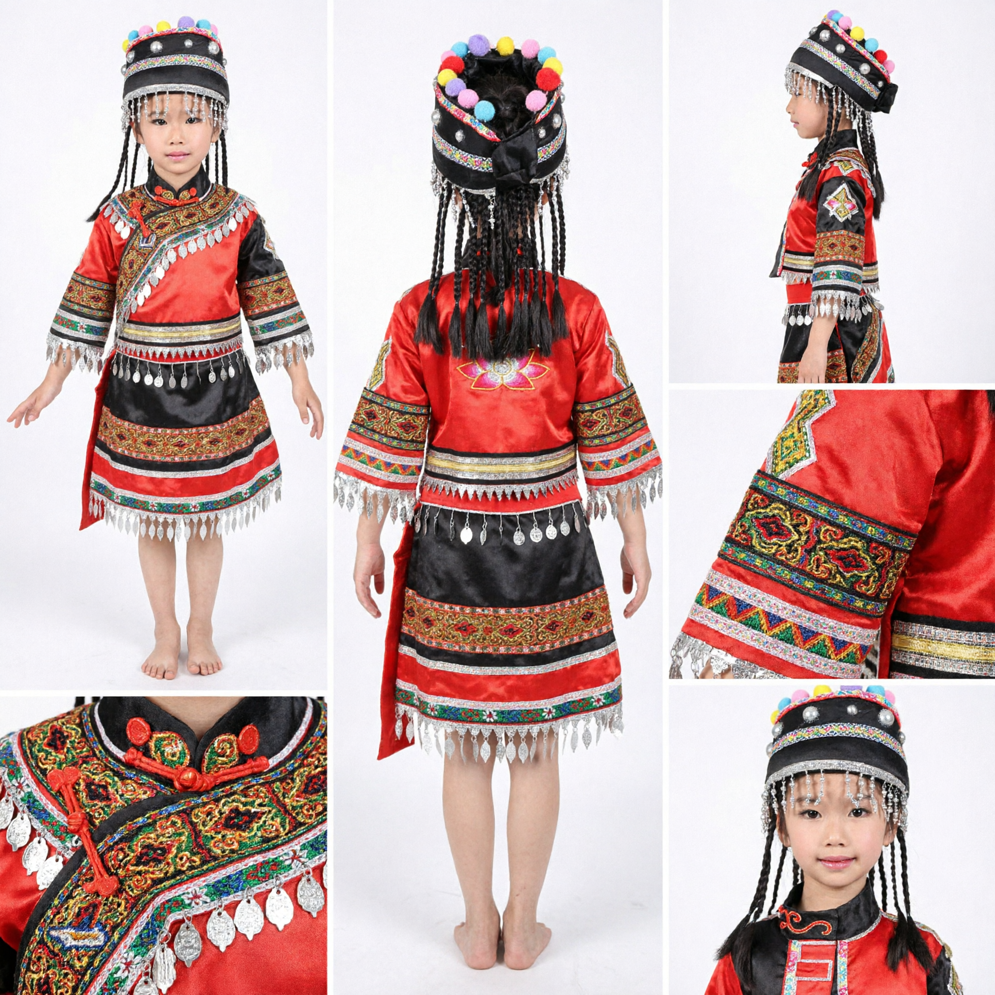 Chinese Miao Hmong Traditional Ethnic Minority Costume for Girls Kids Dance Performance Folk Dress with Silver Jewelry
