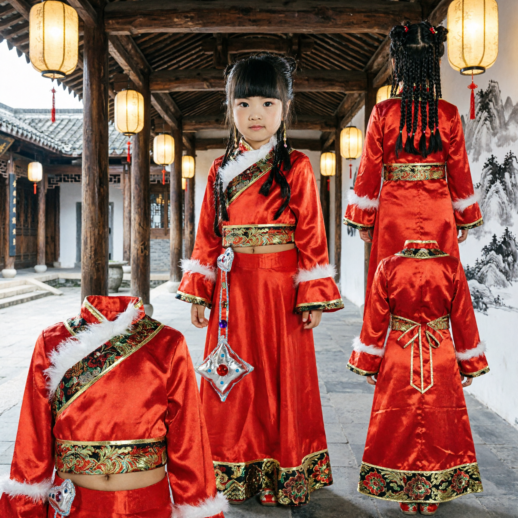 Kids Traditional Chinese Tibetan Red Dance Costume Girls Ethnic Folk Stage Performance Outfit Set with Accessories