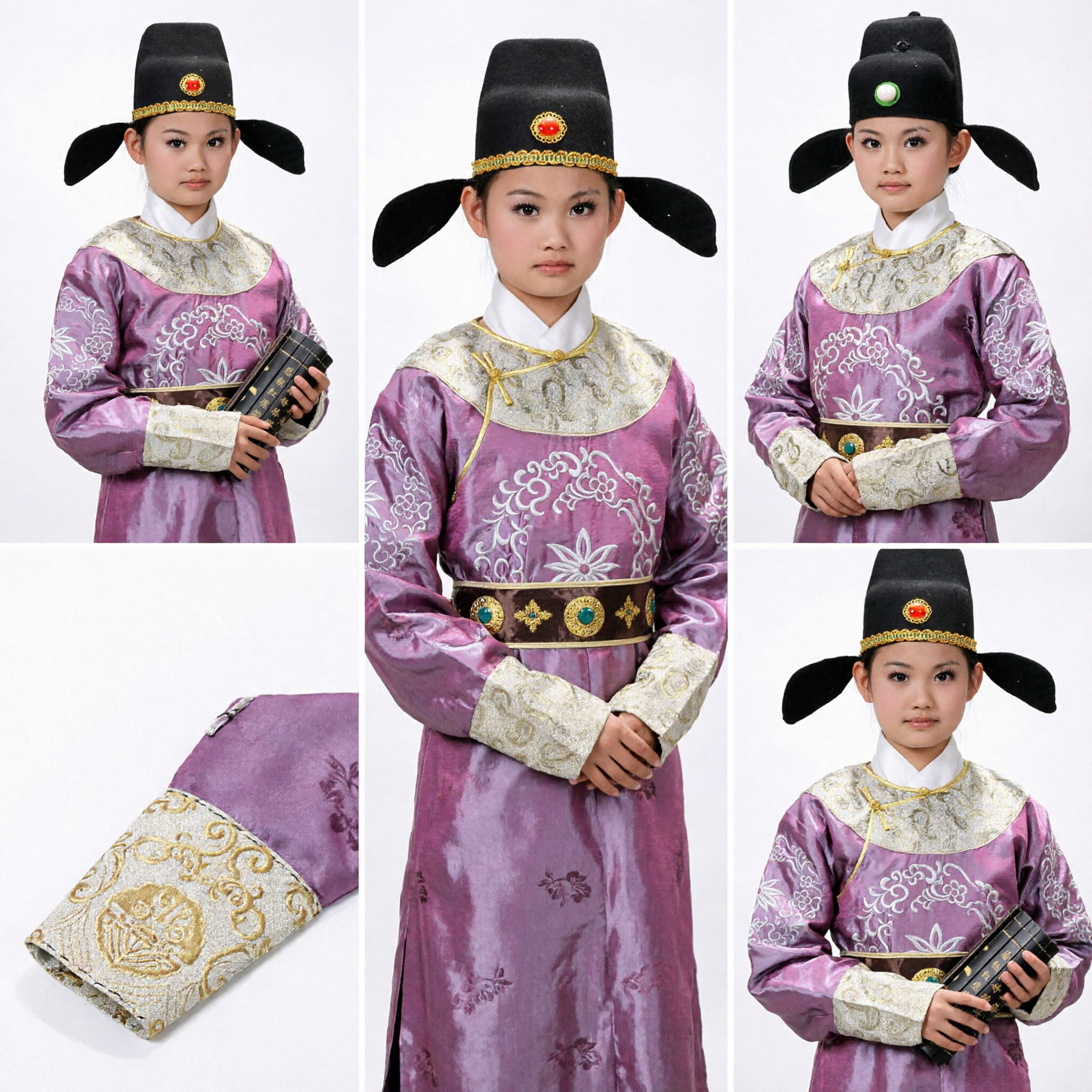 Kids Traditional Chinese Ancient Scholar Hanfu Costume Purple Robe with Hat for Stage Performance and Cosplay