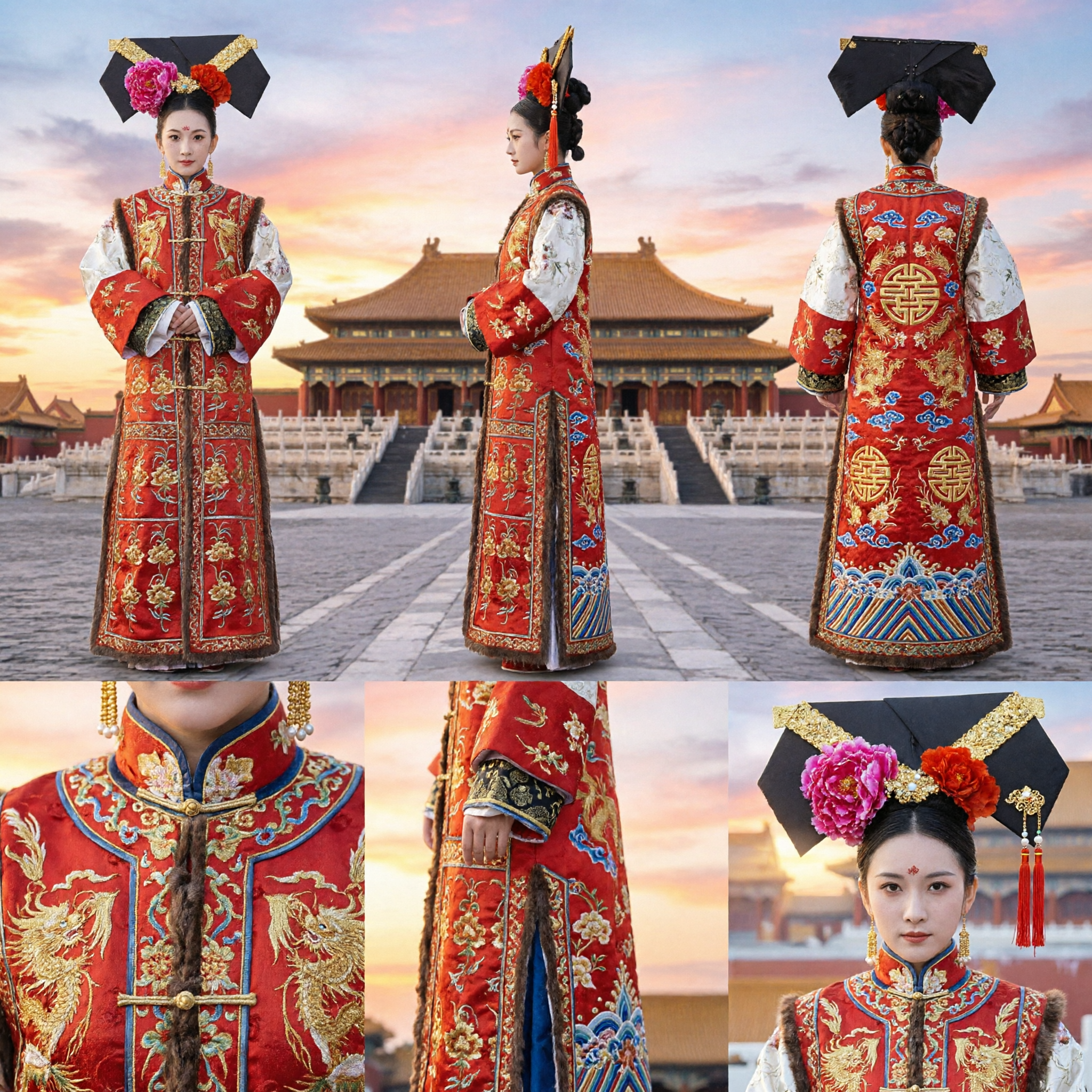 Traditional Chinese Qing Dynasty Empress Costume Red Gold Embroidered Manchu Palace Robe for Women