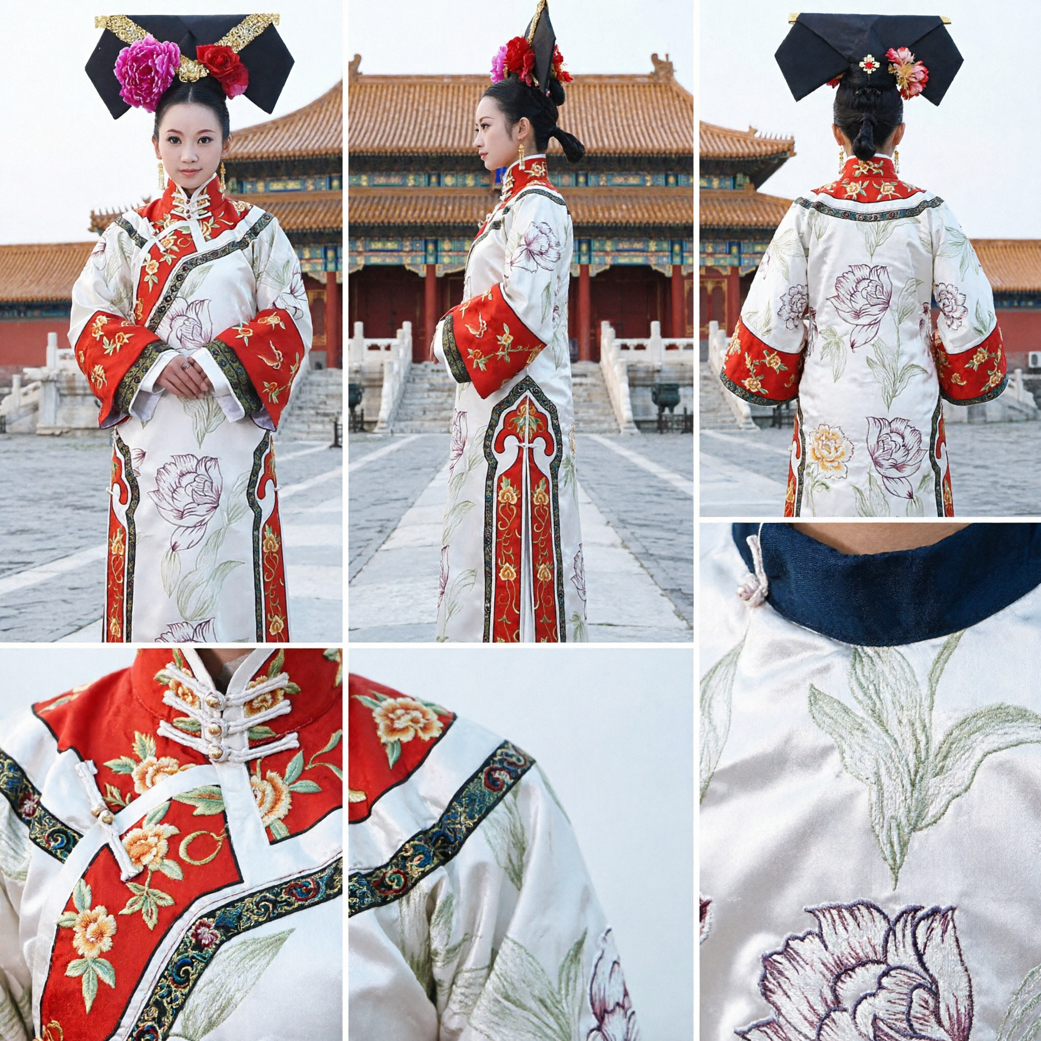 Traditional Chinese Qing Dynasty Manchu Princess Costume White Floral Embroidered Robe with Headdress for Women