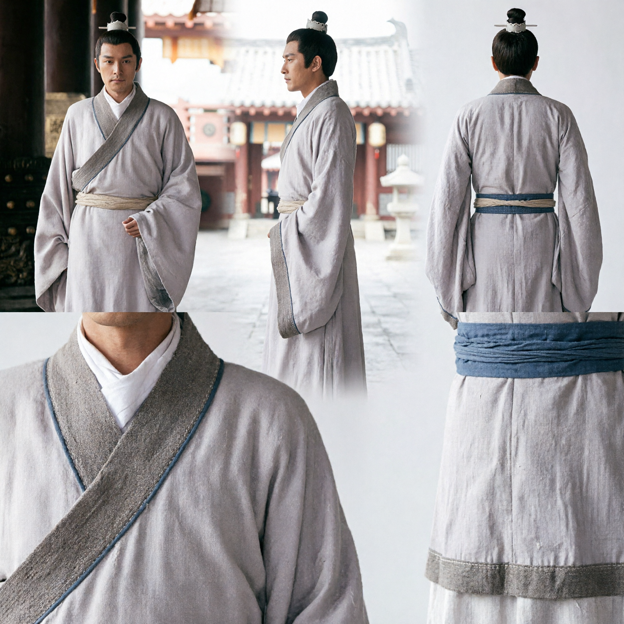 Men's Ancient Chinese Hanfu Costume Grey Scholar Robe Traditional Cross-Collar Clothing for Cosplay and Stage Performance