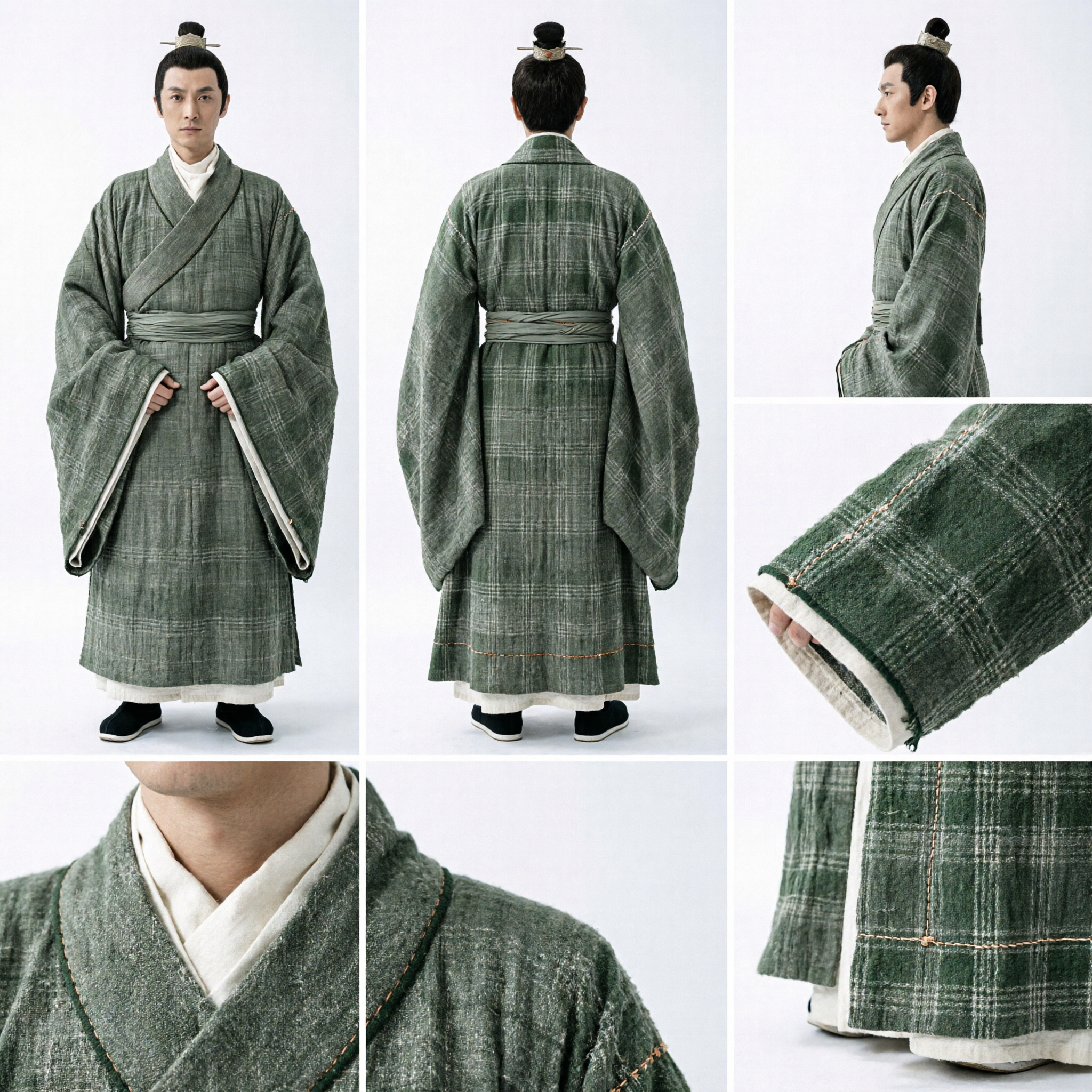 Men's Ancient Chinese Hanfu Green Cross-Collar Robe Traditional Scholar Noble Costume for Historical Cosplay