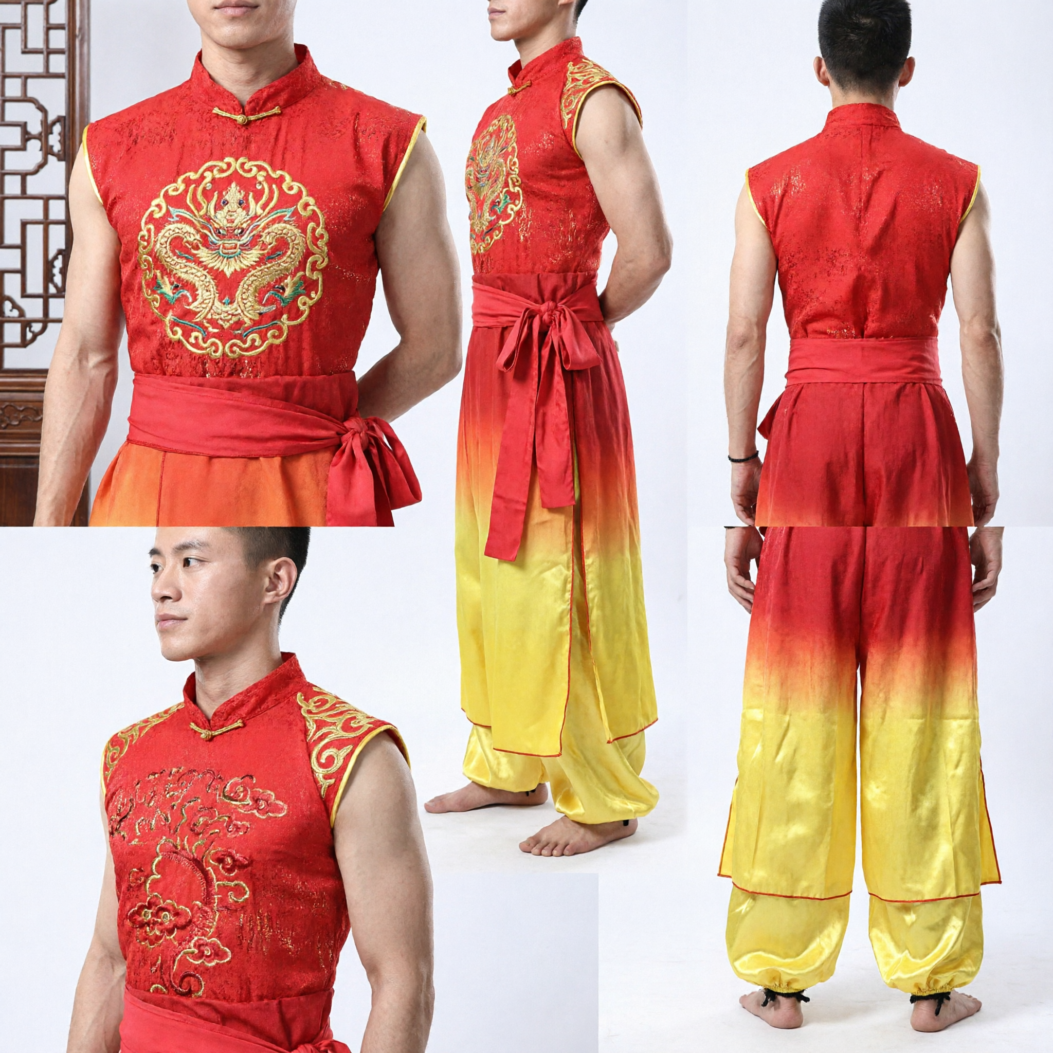 Men's Traditional Chinese Kung Fu Uniform Red Sleeveless Embroidered Top with Yellow Gradient Silk Pants Set
