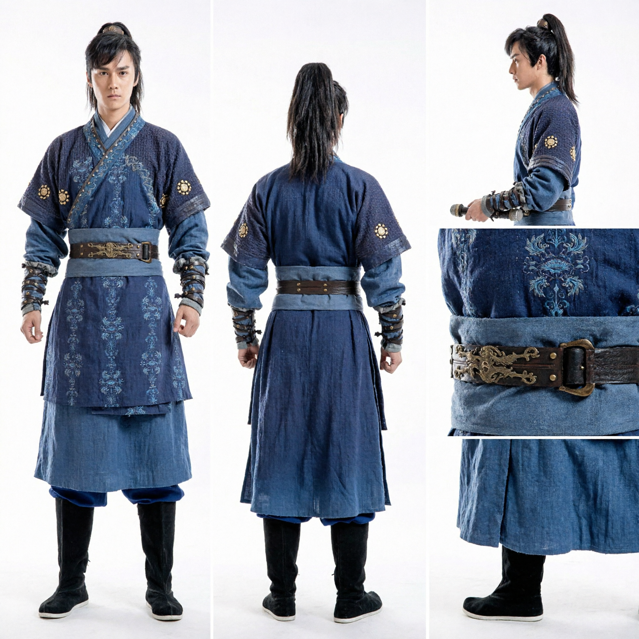 Men's Blue Ancient Chinese Swordsman Costume Traditional Wuxia Knight Hanfu for Martial Arts Cosplay Performance