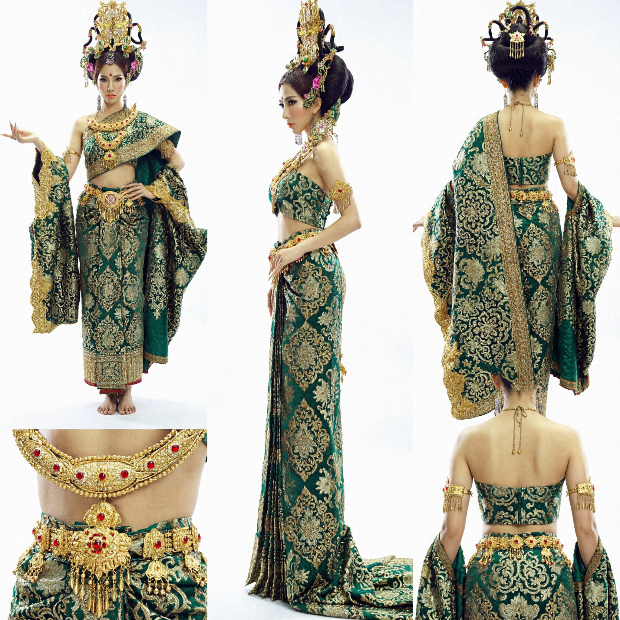 Women's Traditional Thai Dance Costume Green Gold Embroidery Dress with Headdress and Jewelry Set for Performance
