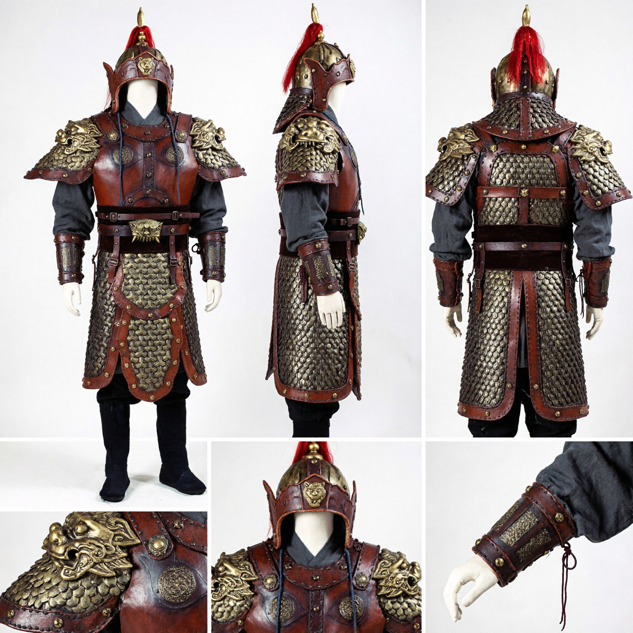 Traditional Chinese Ancient General Armor Set Leather Warrior Costume with Dragon Shoulder Guards for Cosplay and Stage Performance