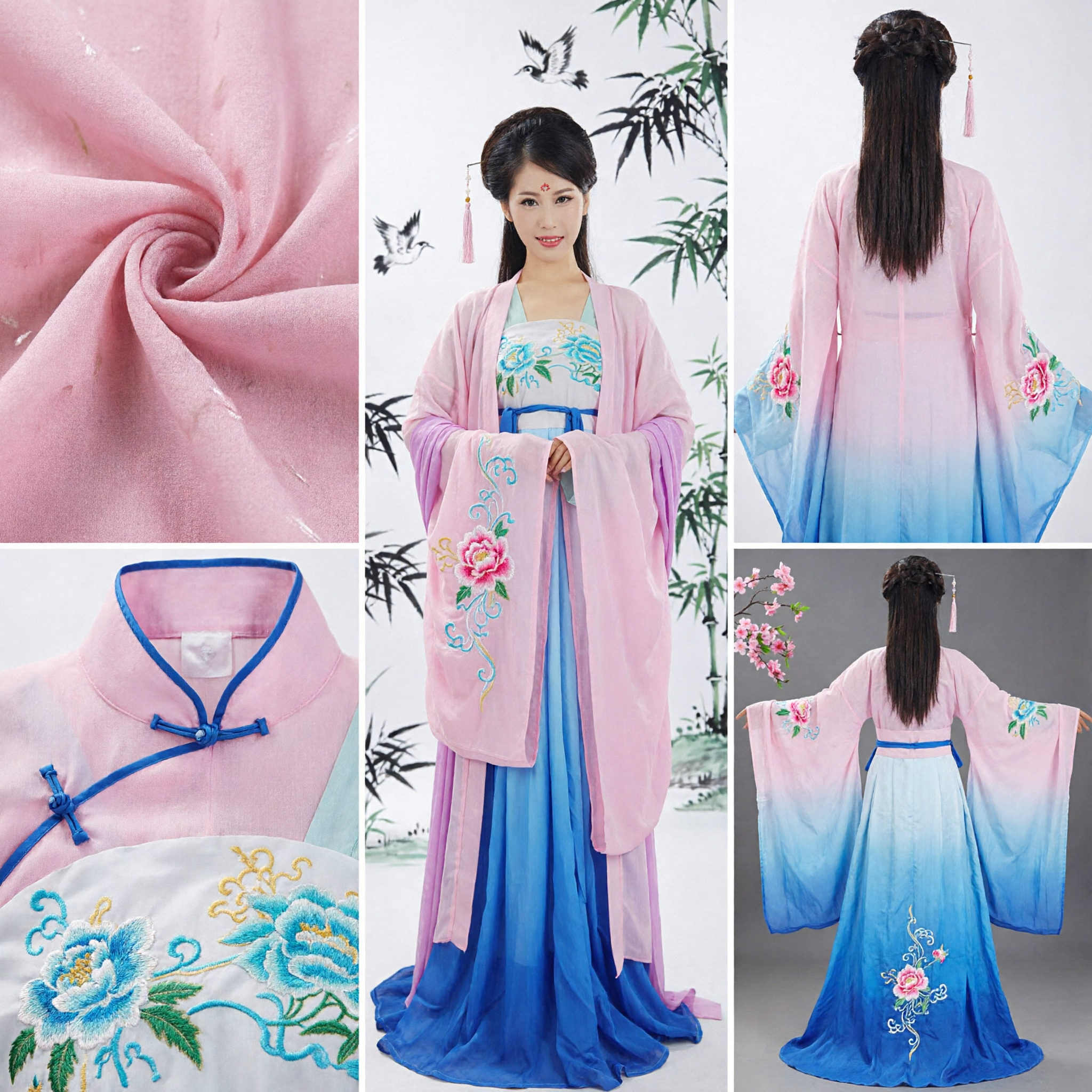 Ancient Chinese Tang Dynasty Hanfu Costume for Women Pink and Blue Traditional Dance Performance Outfit
