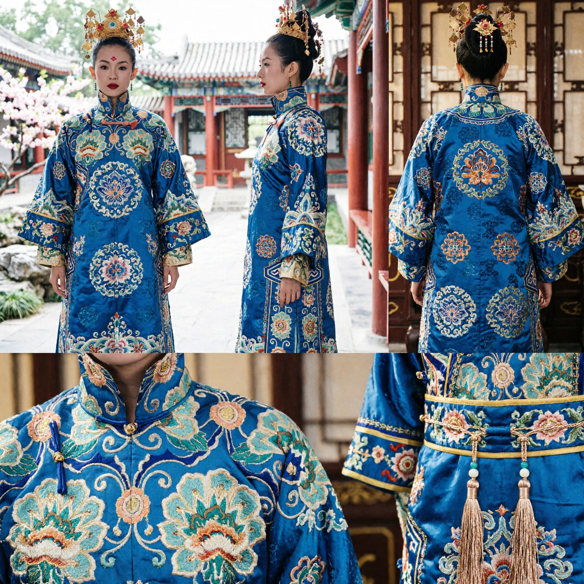 Ancient Chinese Qing Dynasty Manchu Princess Costume Blue Embroidered Robe and Golden Headdress for Women Cosplay