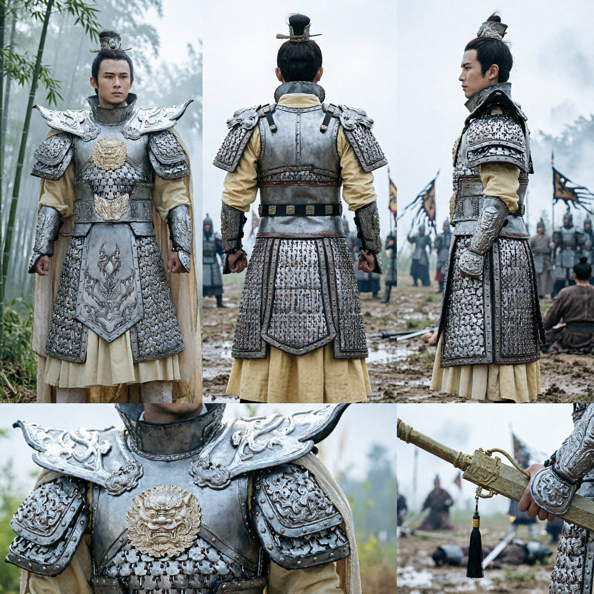 Men's Ancient Chinese General Silver Armor Cosplay Costume Historical Warrior Hanfu Outfit for Stage Performance