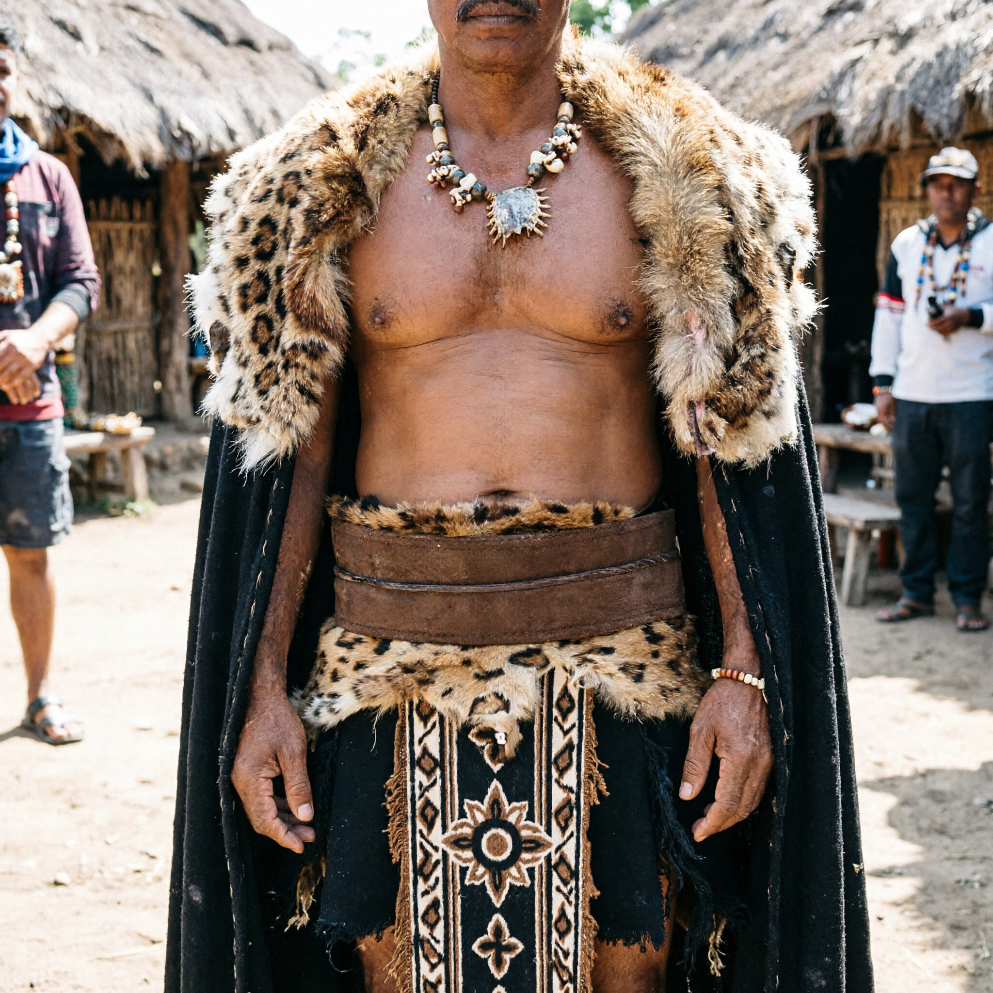 Men's Primitive Tribal Warrior Costume with Leopard Print Fur Cape and Loincloth for Halloween Stage Performance
