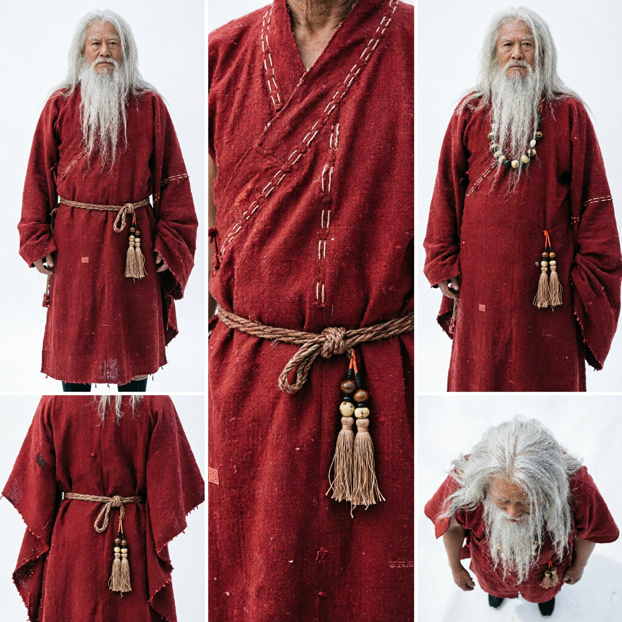 Ancient Chinese Kung Fu Master Red Robe Costume with White Beard Wig for Men Historical Cosplay Stage Performance