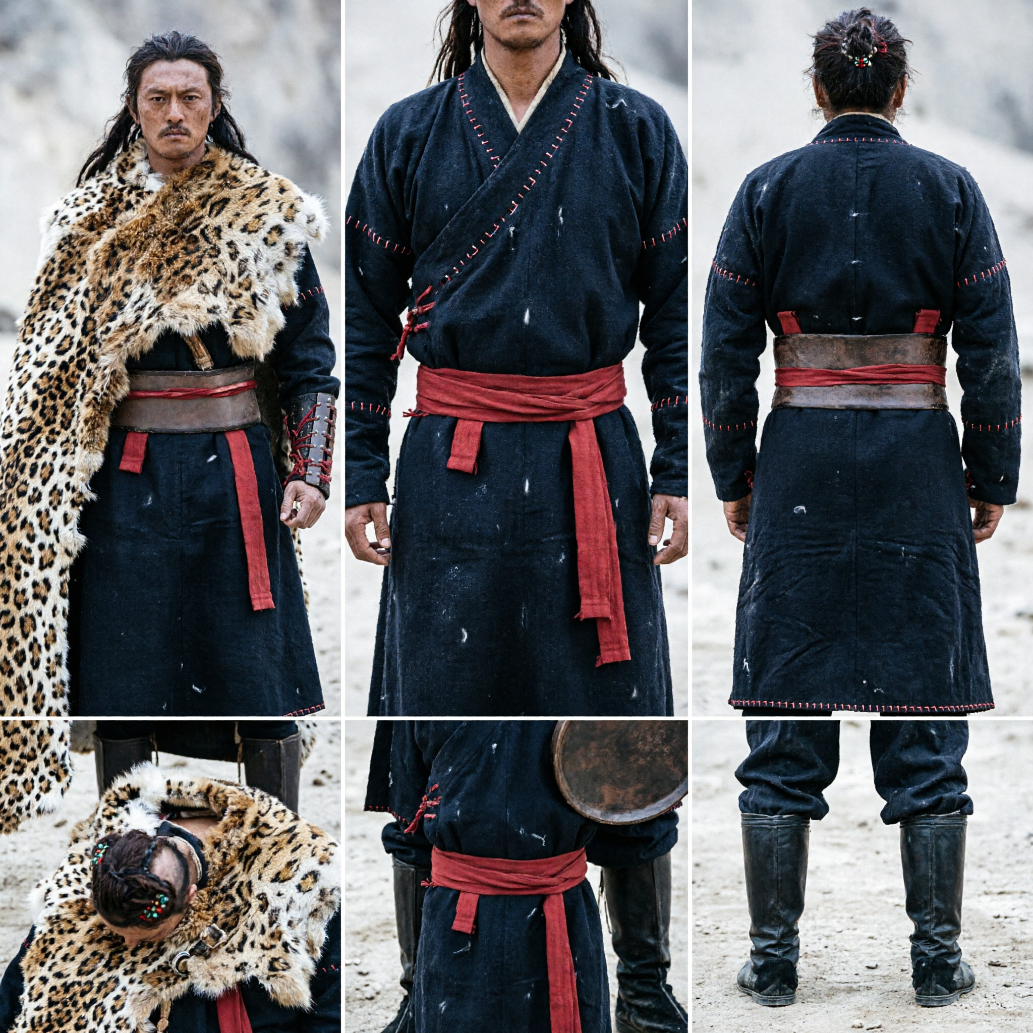 Men's Traditional Tibetan Warrior Costume Black Robe with Leopard Fur Sash for Historical Drama Cosplay