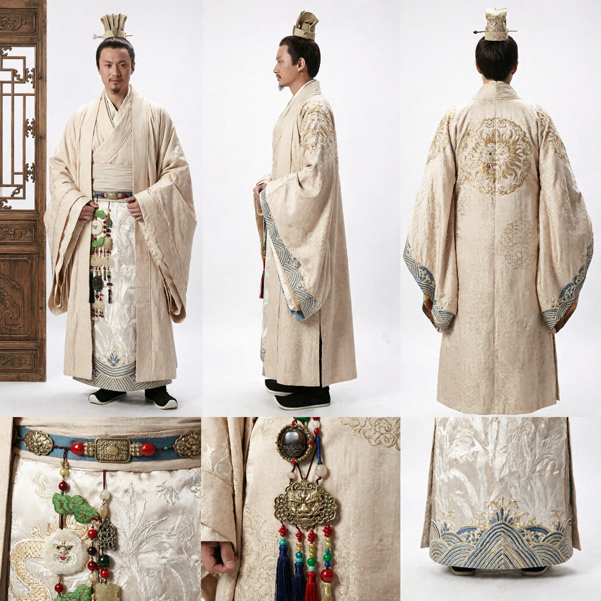 Men's Ancient Chinese Hanfu Scholar Costume Traditional Cream Robe for Historical Cosplay and Drama
