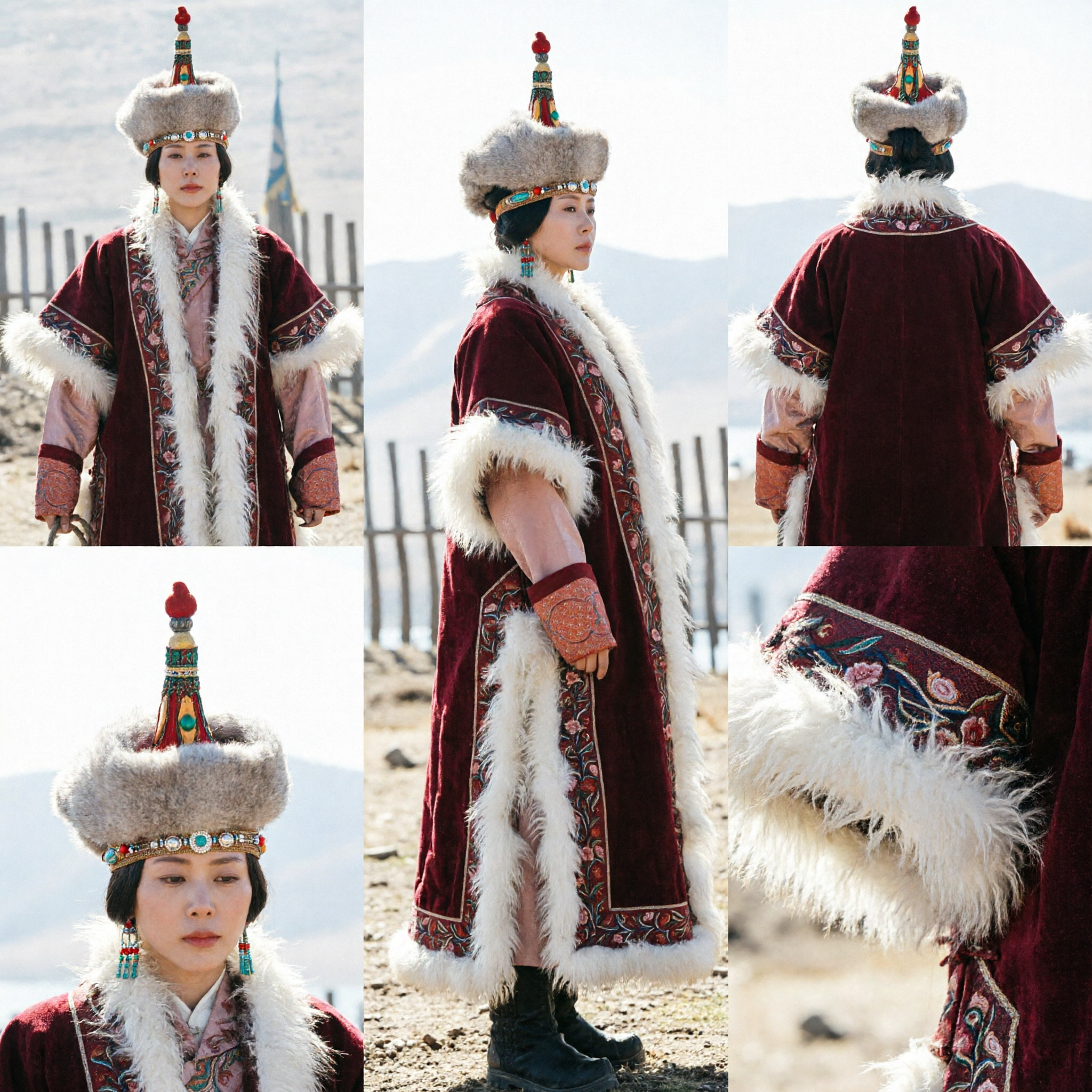 Traditional Mongolian Winter Costume Women's Red Fur Trimmed Robe and Hat Ethnic Historical Dress
