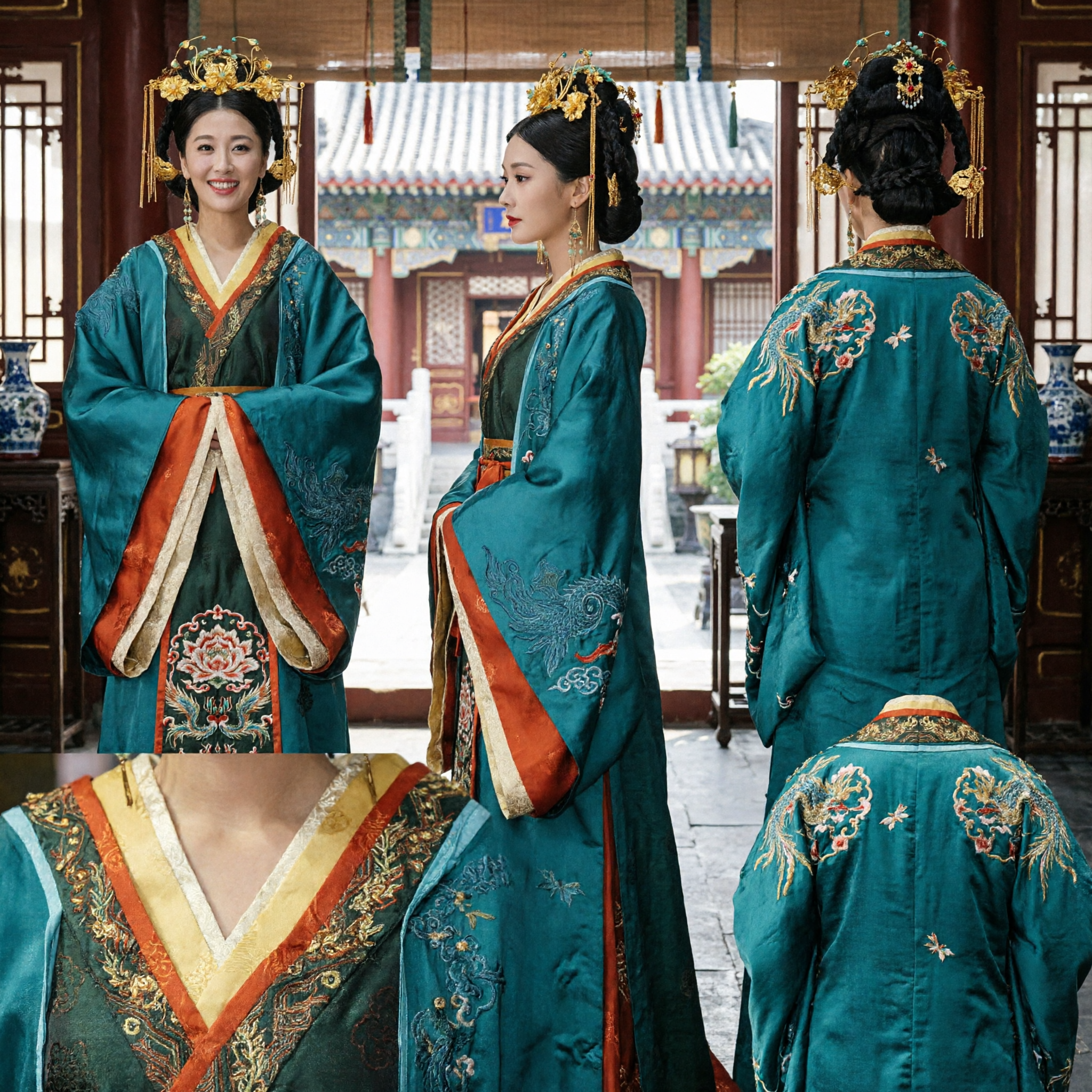 Traditional Chinese Empress Hanfu Costume Teal Palace Lady Dress with Elaborate Gold Headpiece for Women
