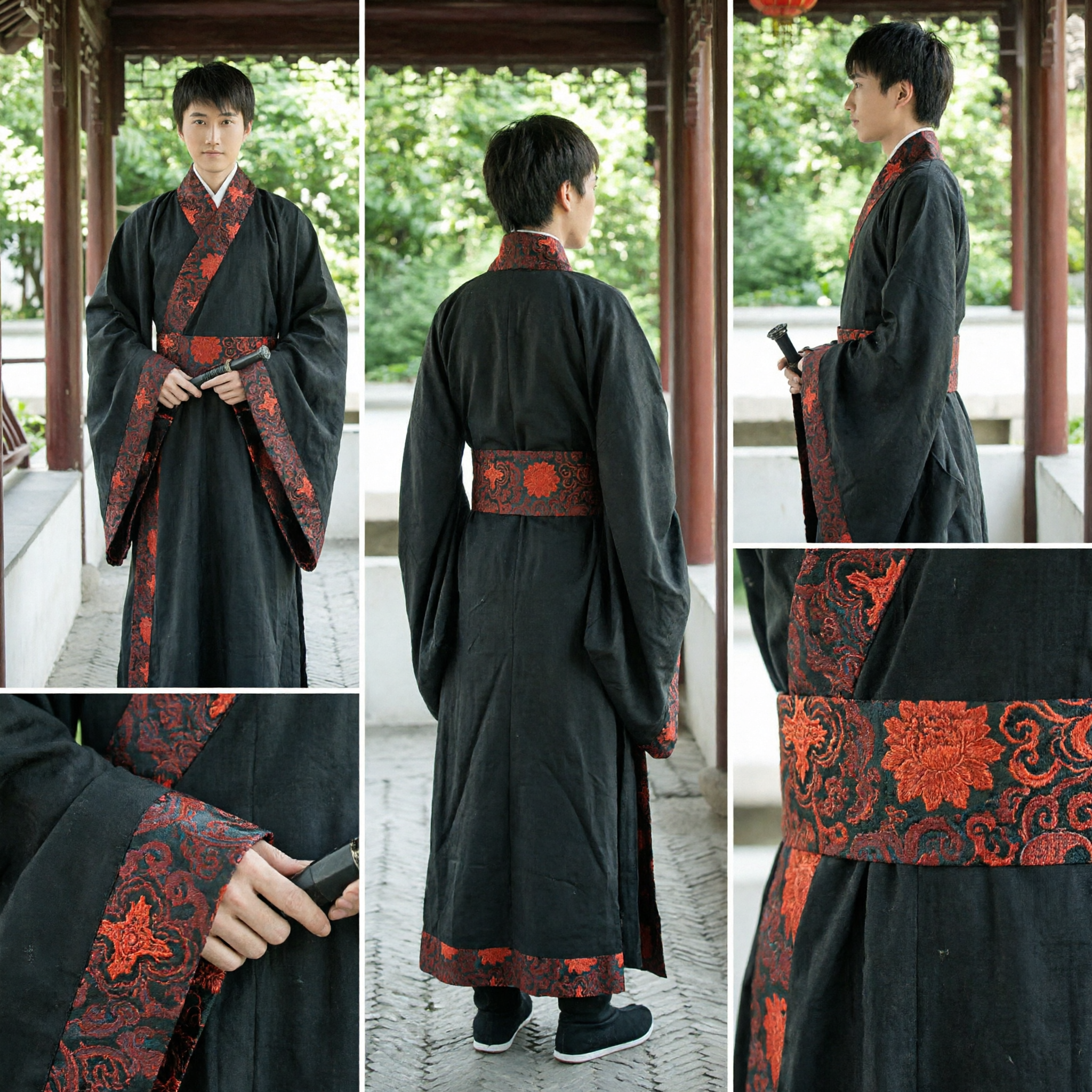 Men's Traditional Chinese Hanfu Black Robe with Red Brocade Trim Ancient Wuxia Swordsman Cosplay Costume