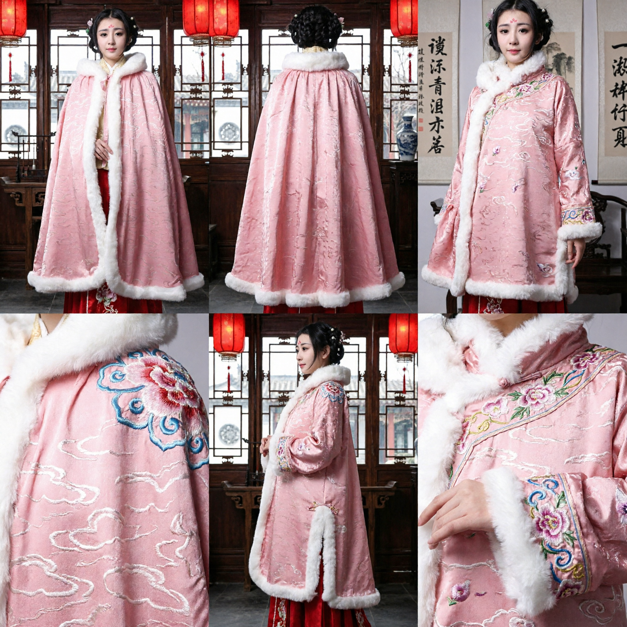 Elegant Pink Hanfu Winter Cloak with White Fur Trim Traditional Chinese Ancient Costume Cape for Women