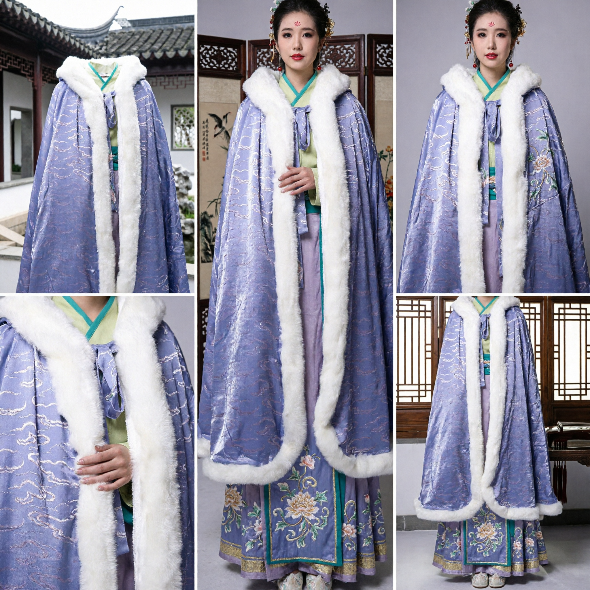 Elegant Purple Hanfu Winter Cloak with White Fur Trim Ancient Chinese Cloud Pattern Cape for Women