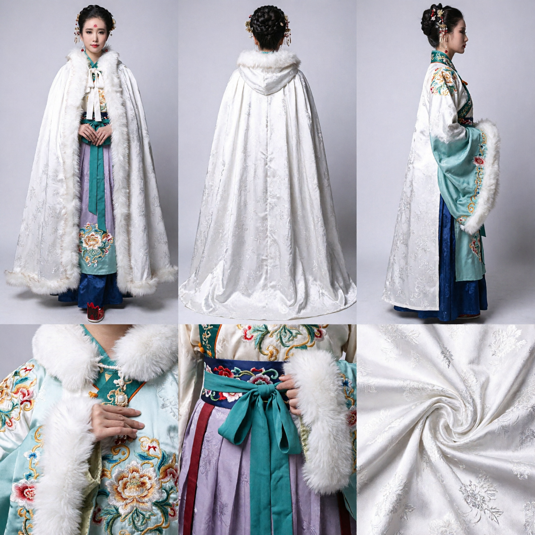 Elegant White Hanfu Winter Cloak with Fur Trim Traditional Chinese Ancient Costume Cape for Women Photography