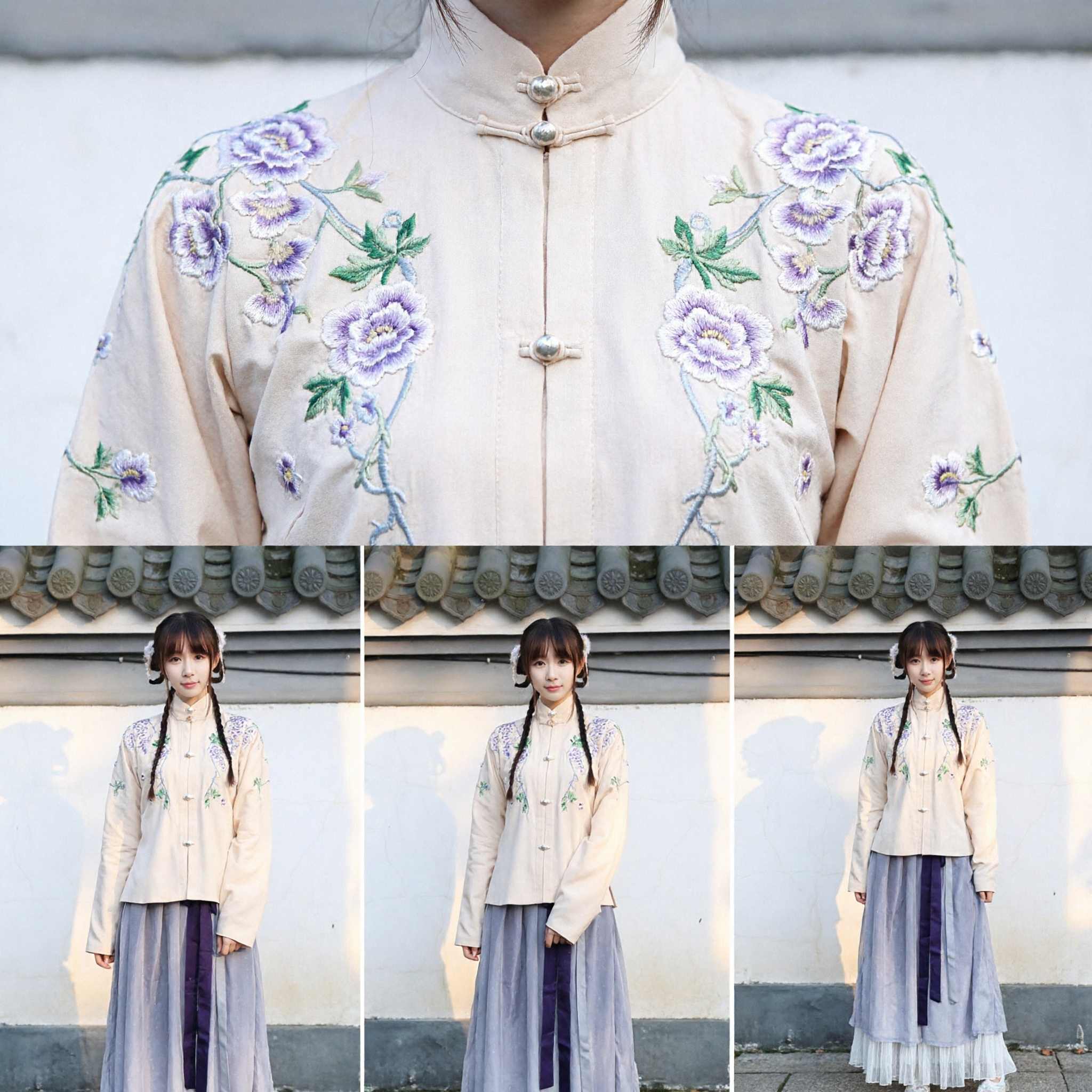 Elegant Traditional Chinese Hanfu Costume Set Cream Embroidered Jacket with Purple Pleated Skirt for Women Photography