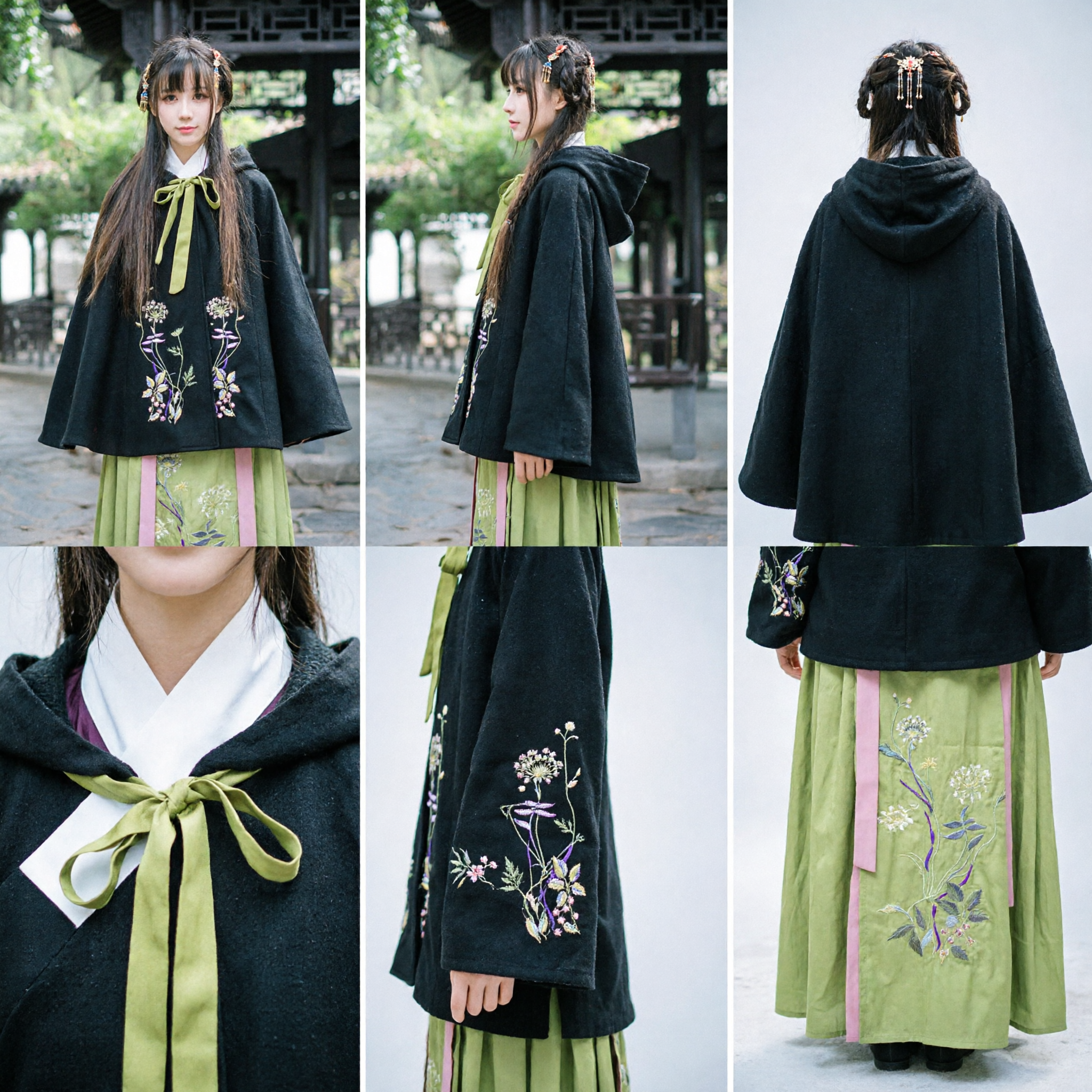 Women's Traditional Chinese Hanfu Black Cloak Cape with Floral Embroidery and Green Skirt Ancient Costume