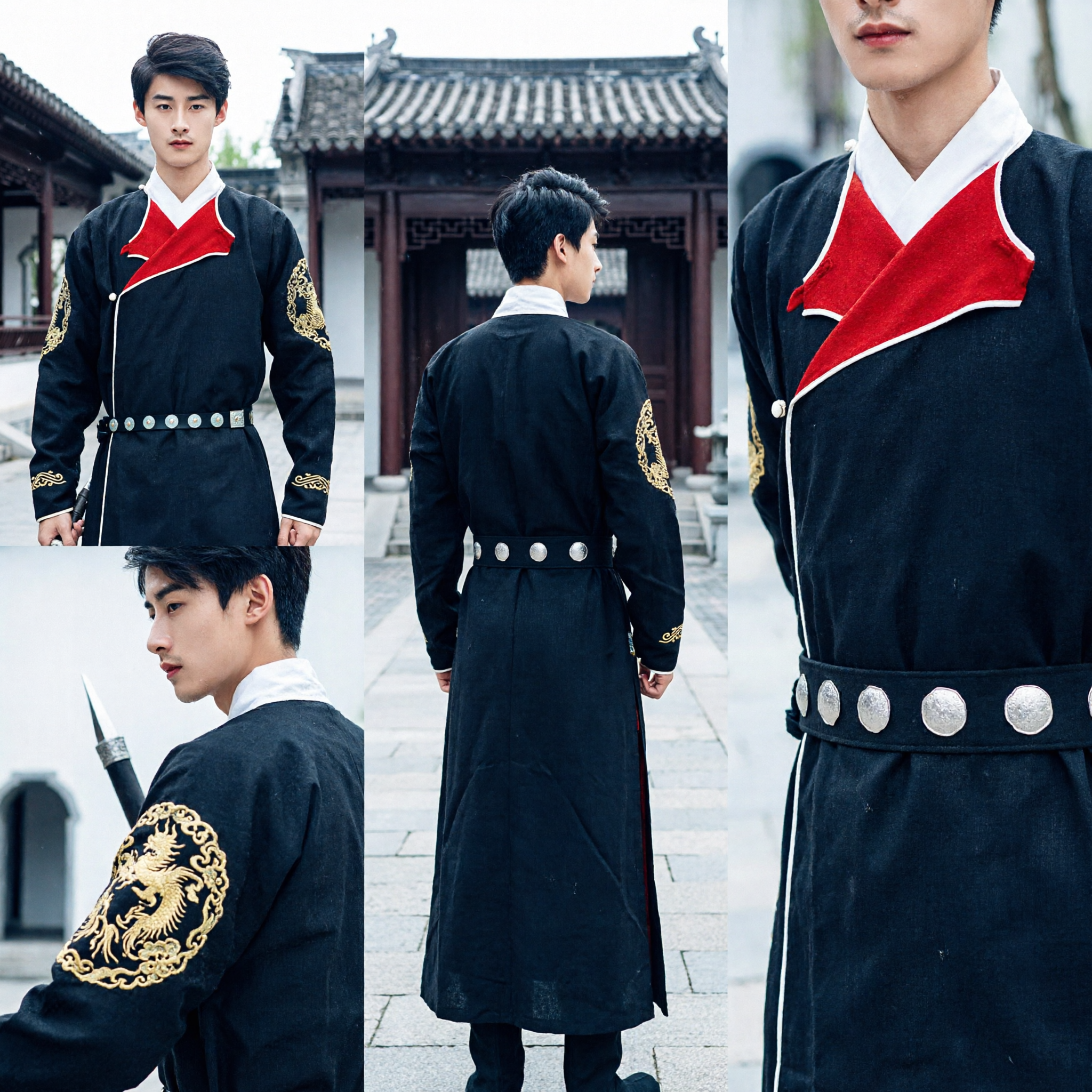 Traditional Chinese Wuxia Swordsman Costume Men's Black Hanfu Robe with Gold Embroidery for Martial Arts Cosplay