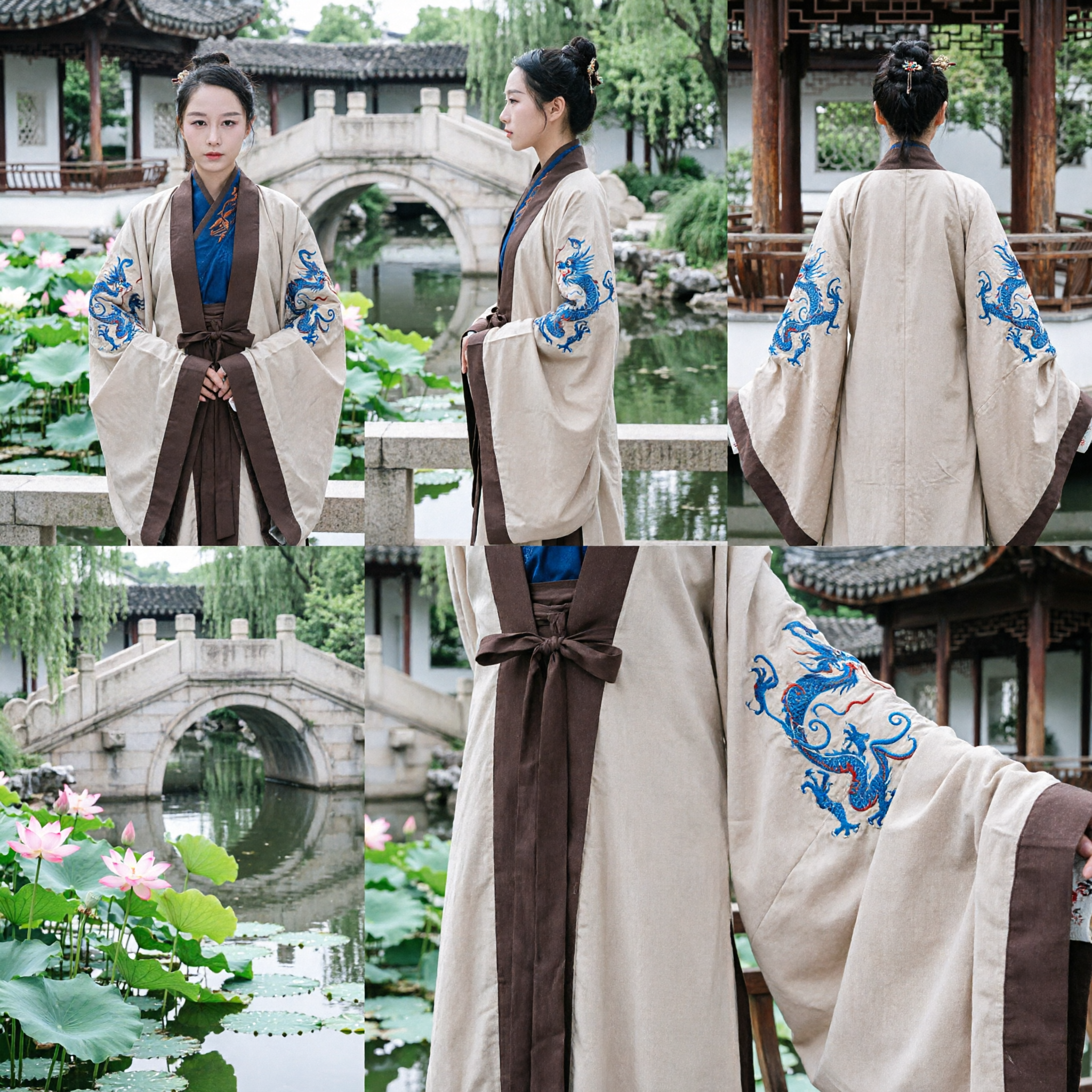 Women's Traditional Chinese Hanfu Ancient Costume Cream Wide Sleeve Robe with Blue Embroidery for Wuxia Performance
