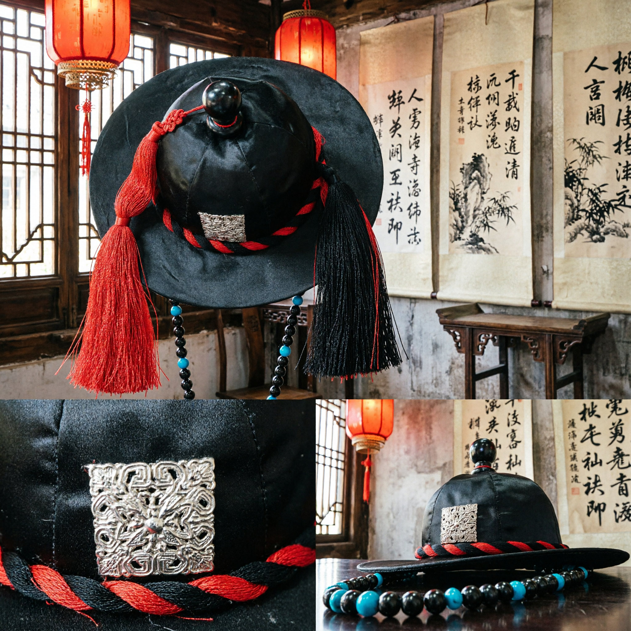 Traditional Chinese Ancient Official Black Gauze Hat Wushamao with Red Tassels for Men Cosplay Hanfu Costume Accessory