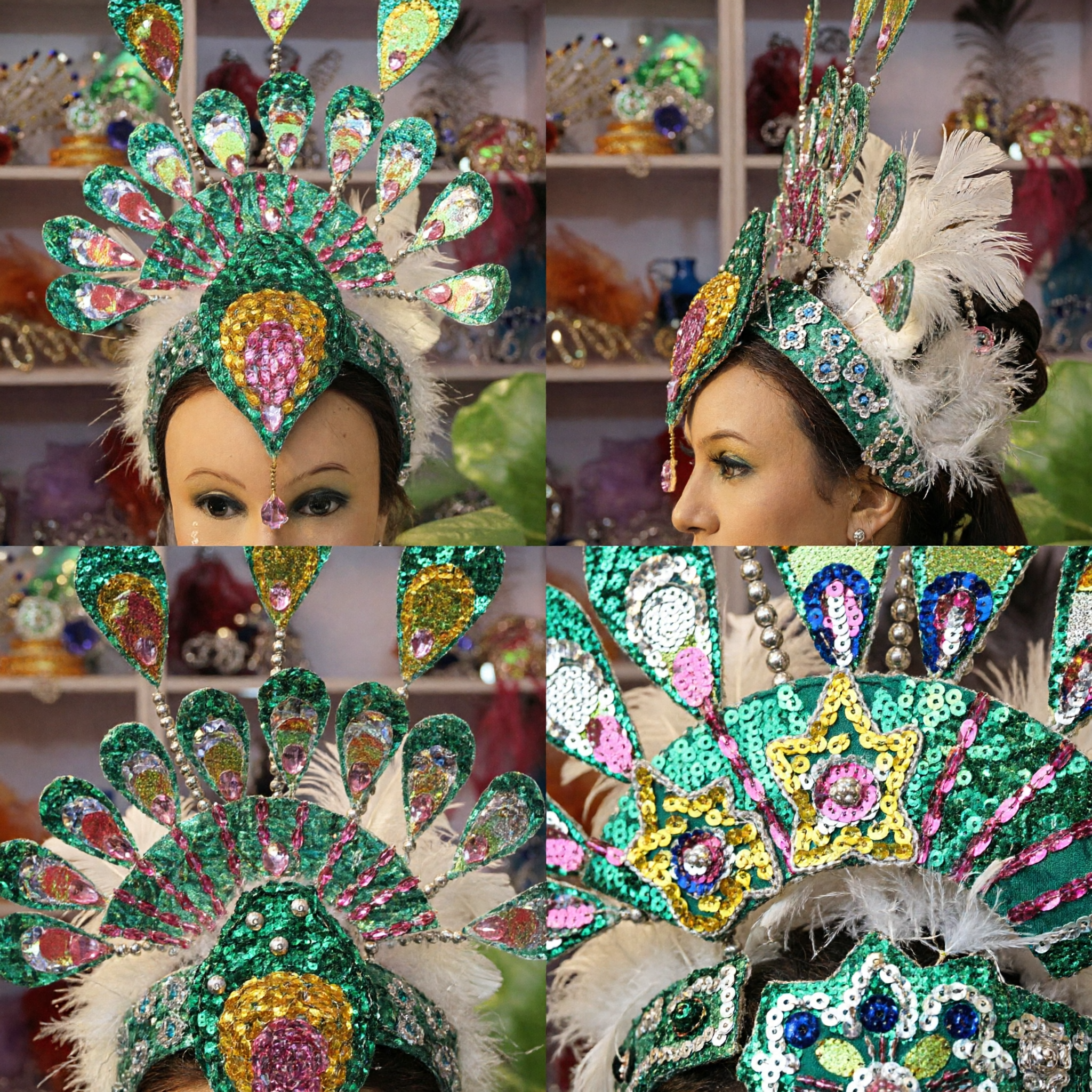 Green Peacock Sequin Headdress for Women's Carnival Parade and Traditional Stage Dance Performance