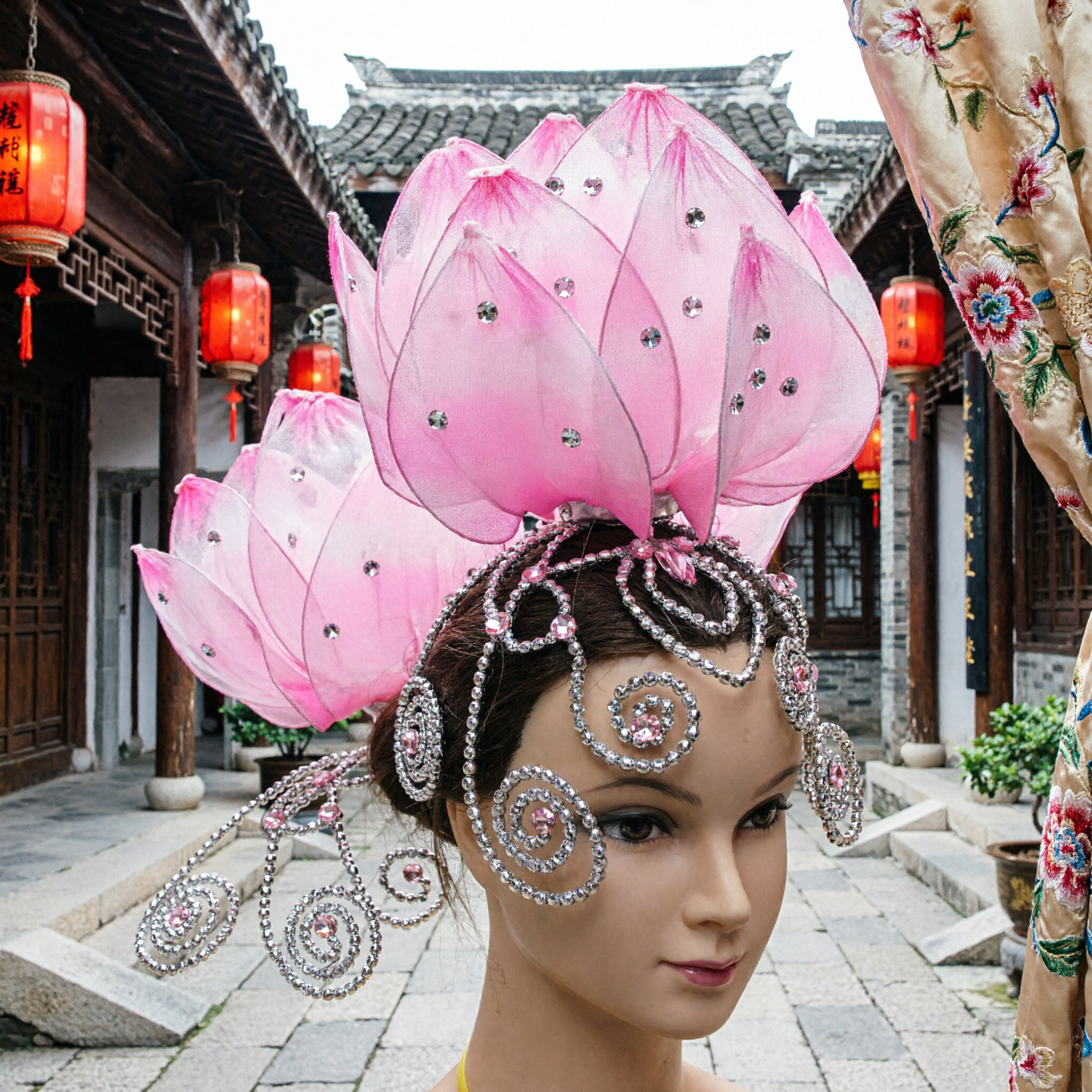 Traditional Pink Lotus Flower Headdress with Rhinestones for Stage Dance Performance and Carnival Costume