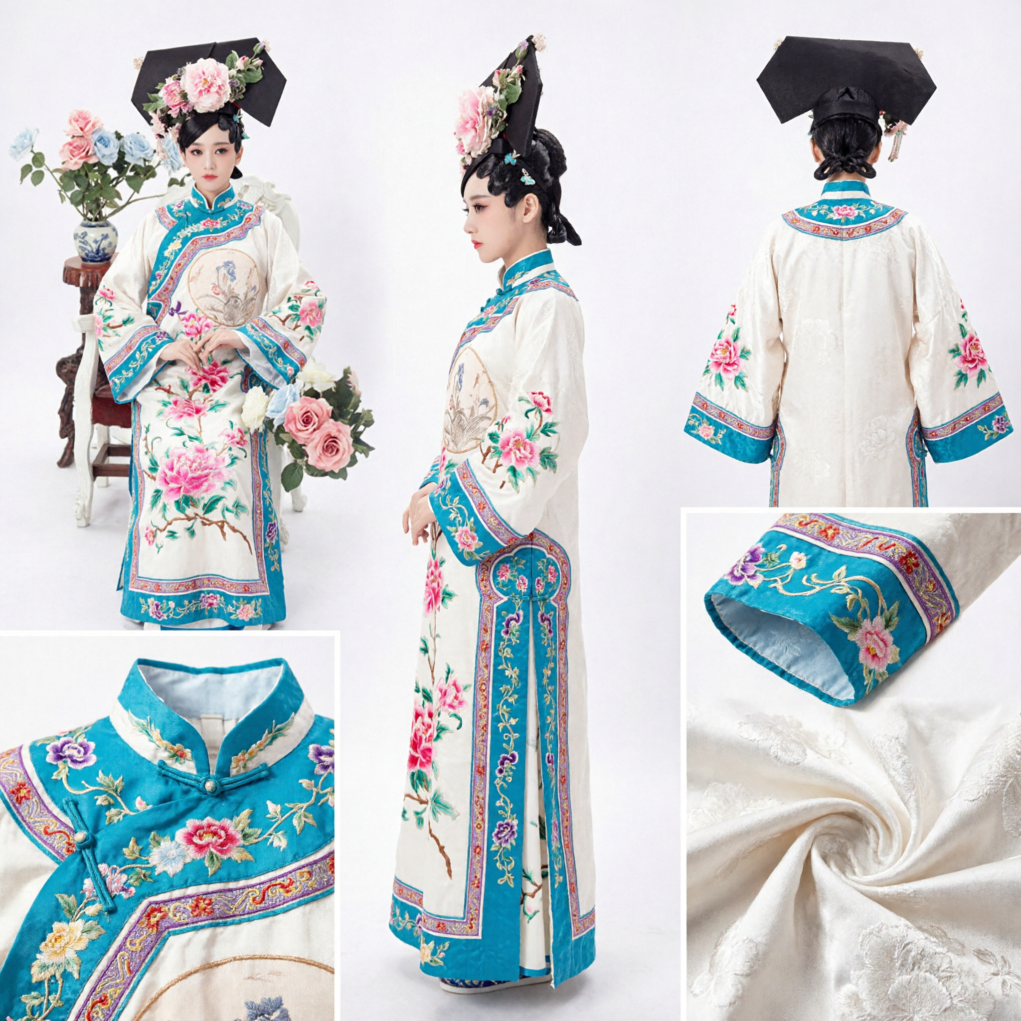 Ancient Chinese Qing Dynasty Palace Lady Costume White Floral Embroidery Robe and Flower Headdress for Women